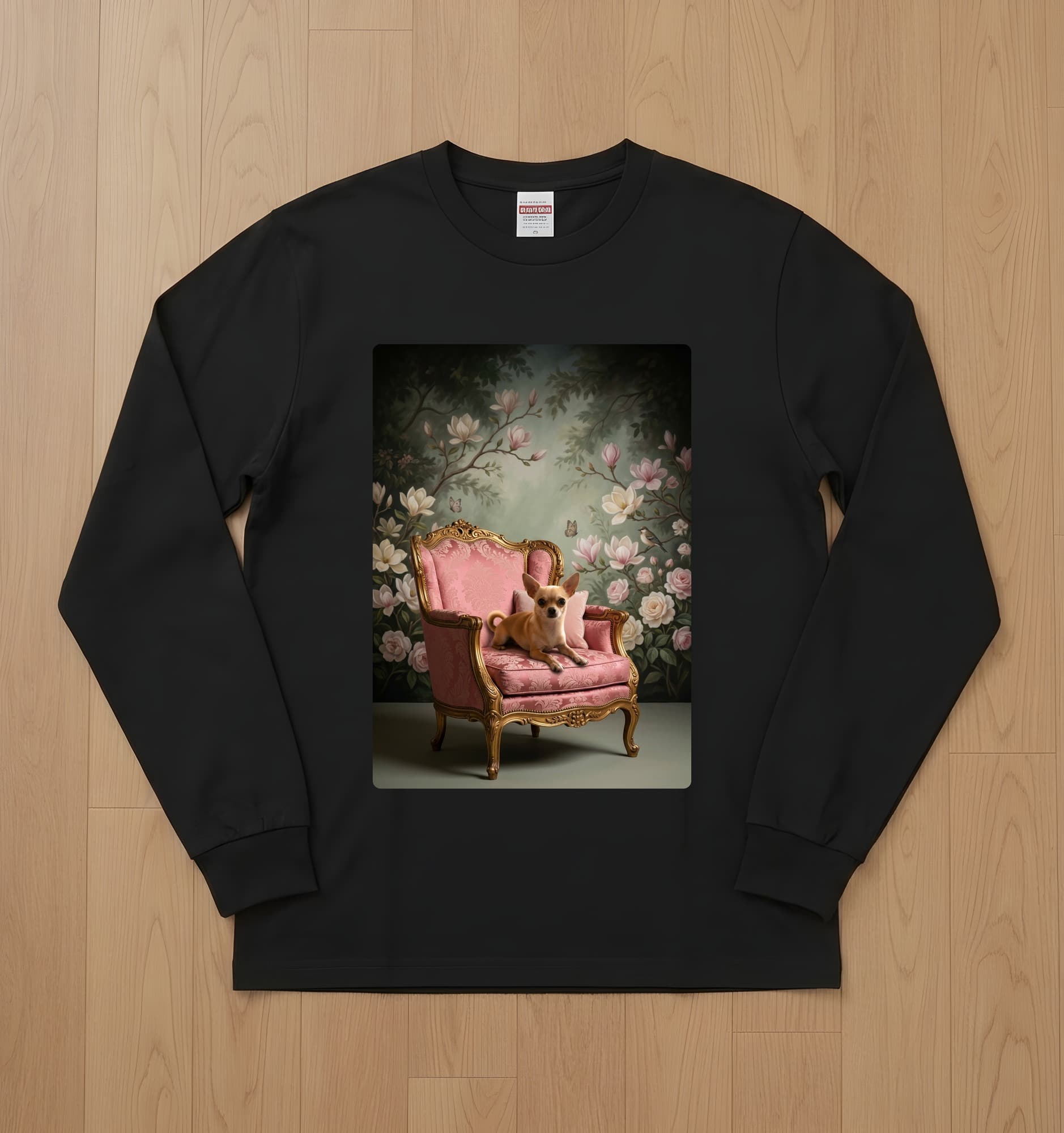 chihuahua Shabby Pink Oil-Painting Rococo Long Sleeve T-Shirt (Black)