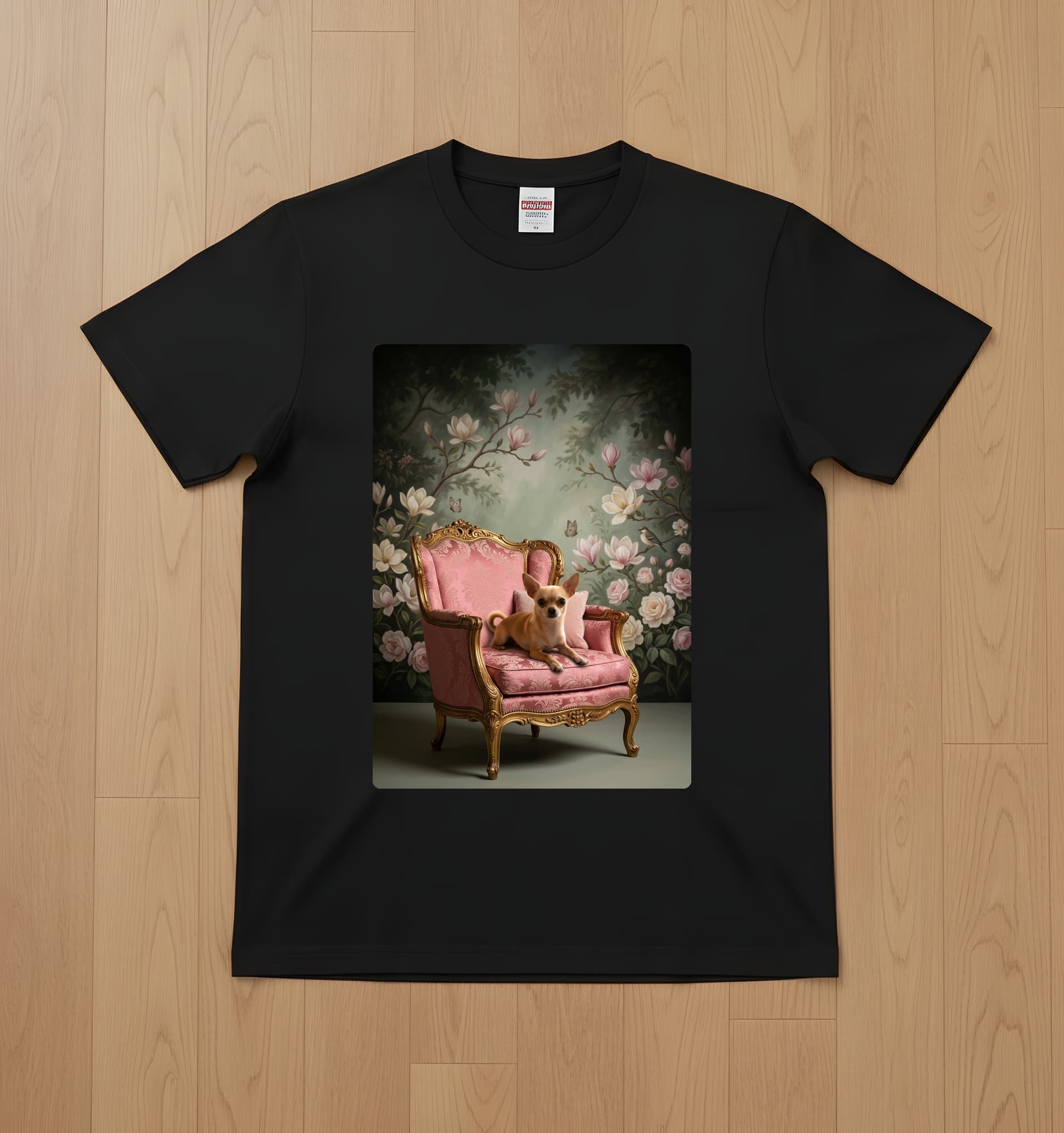 チワワのシャビーピンクの油絵風アートロココ調Tシャツ(ブラック)