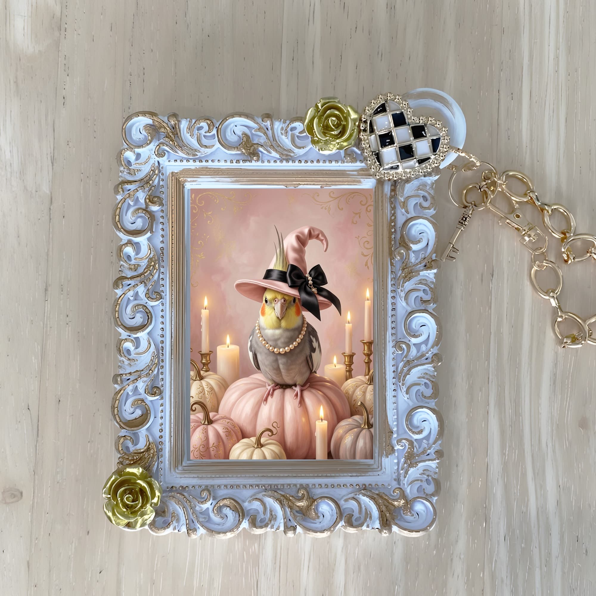Cockatiel Pumpkin & Candlelight Oil-Painting Halloween Bag Charm (White)