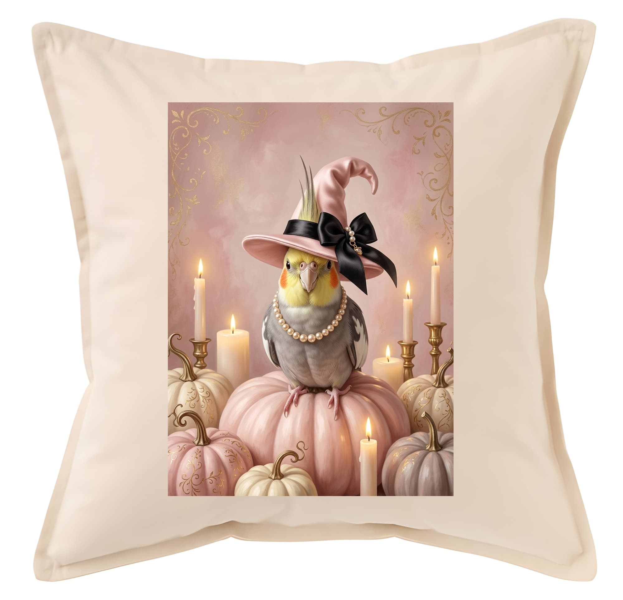 Cockatiel Pumpkin & Candlelight Oil-Painting Halloween Cushion