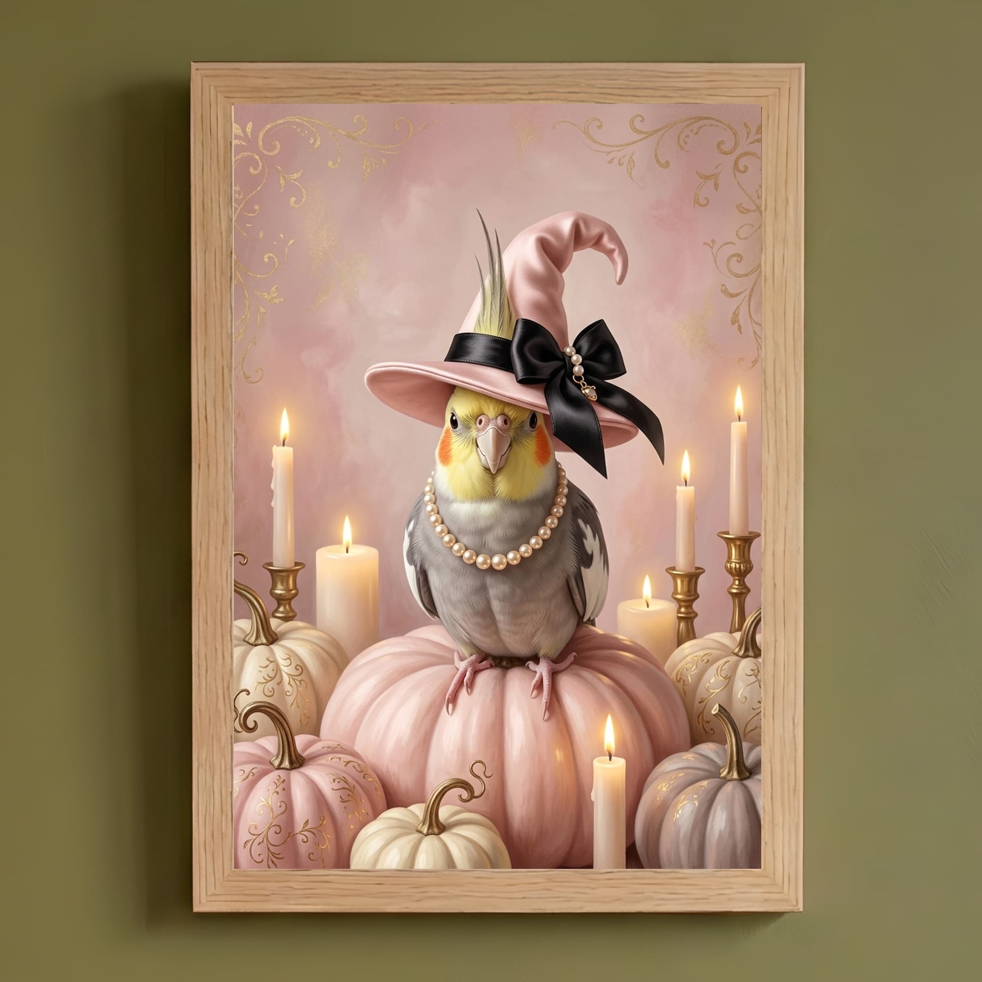 オカメインコのかぼちゃとキャンドルの油絵風アートハロウィン額装プリント(A4サイズ)