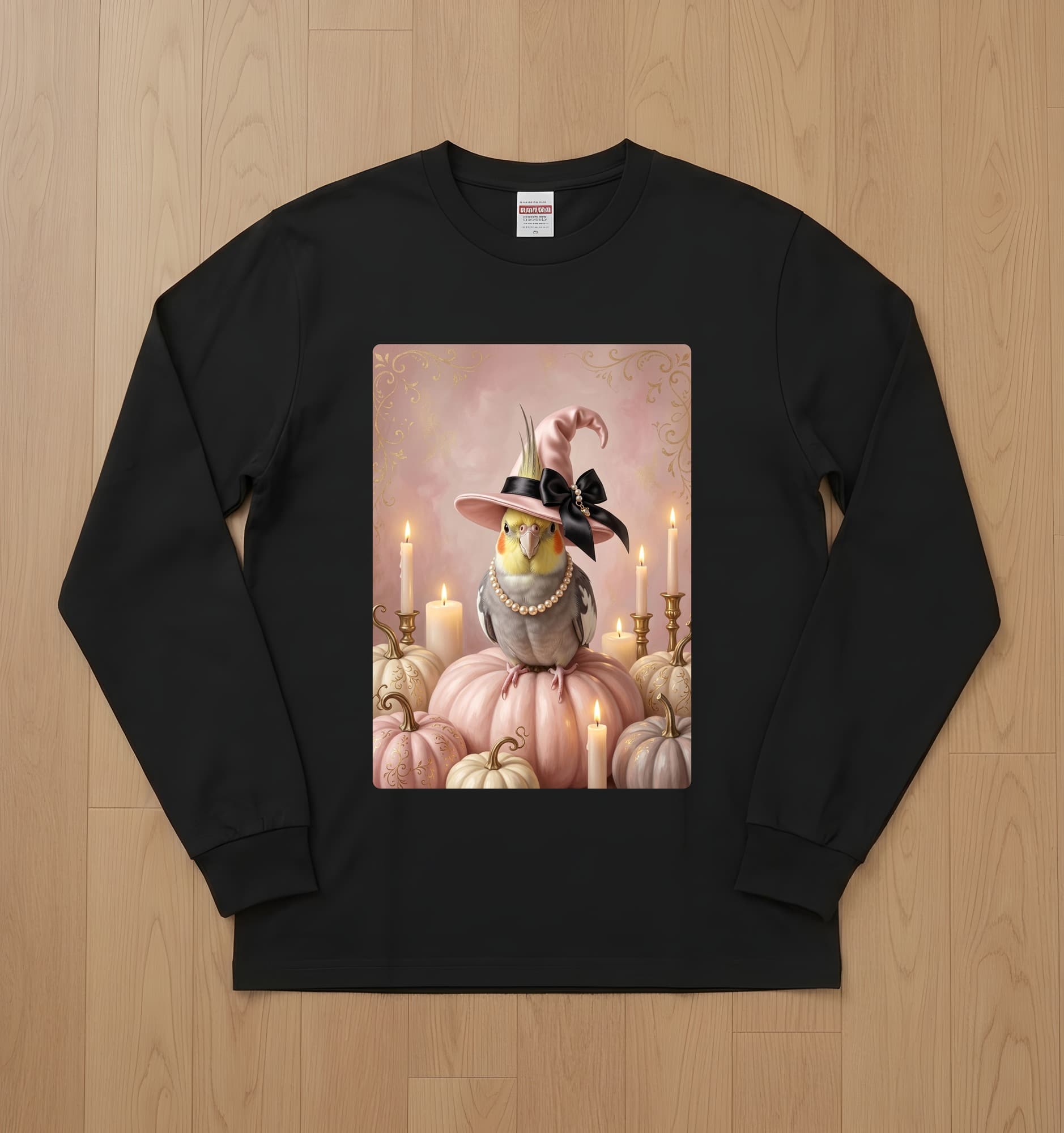Cockatiel Pumpkin & Candlelight Oil-Painting Halloween Long Sleeve T-Shirt (Black)