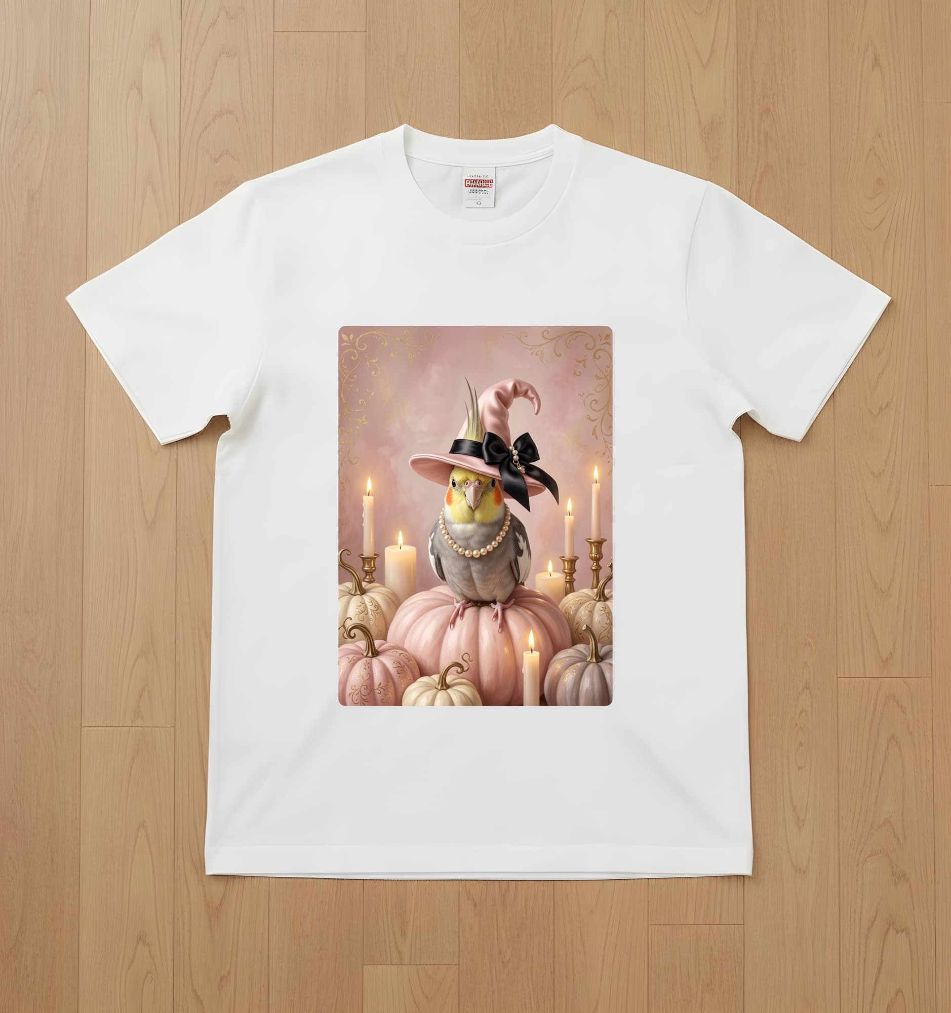 オカメインコのかぼちゃとキャンドルの油絵風アートハロウィンTシャツ(ホワイト)