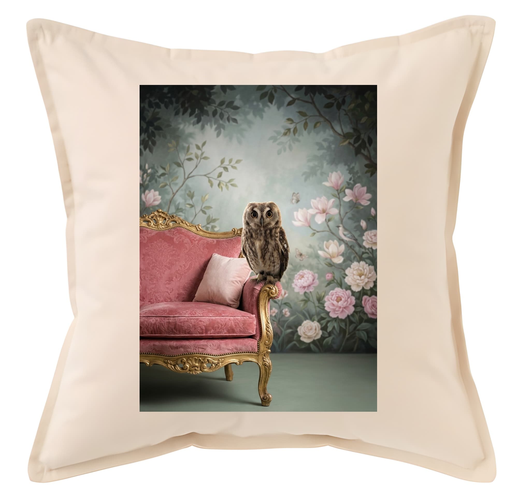 Scops owl Shabby Pink Oil-Painting Rococo Cushion