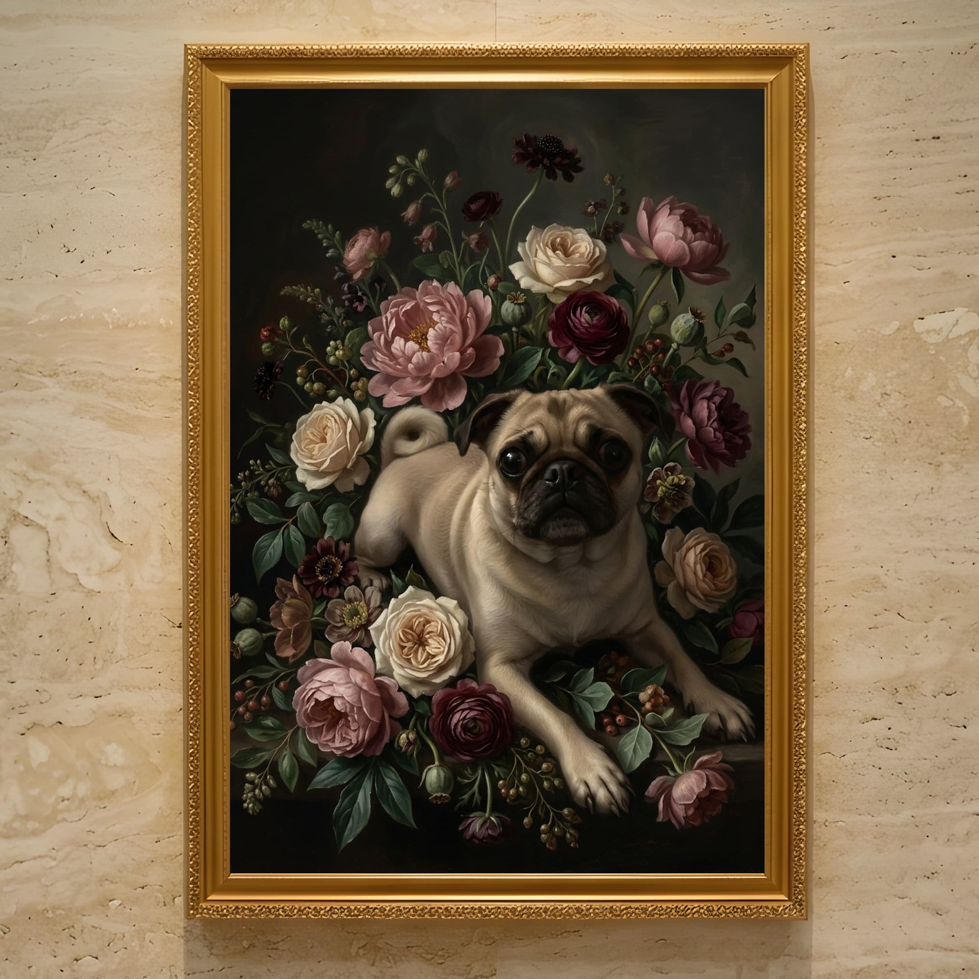 pug Floral Oil-Painting Floral Framed Art Print (A3)