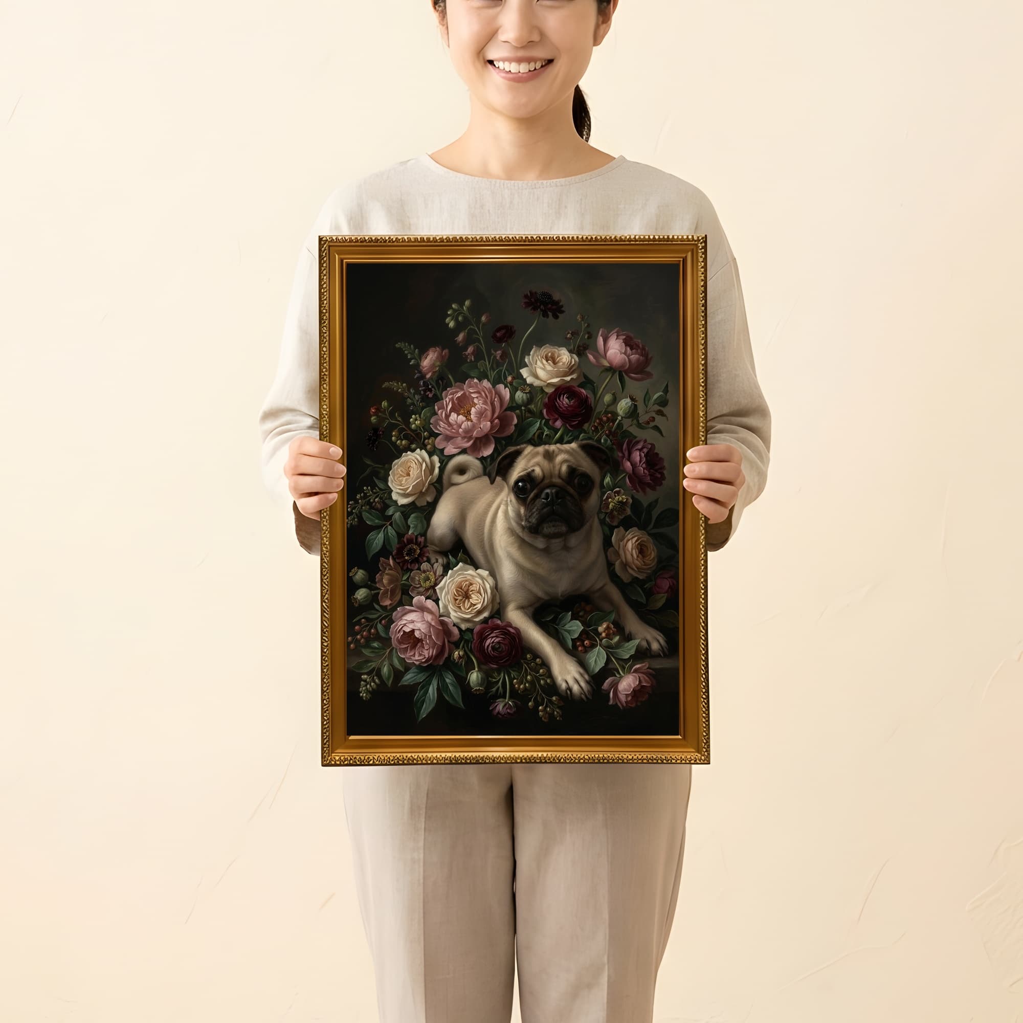 pug Floral Oil-Painting Floral Framed Art Print (A3) 2