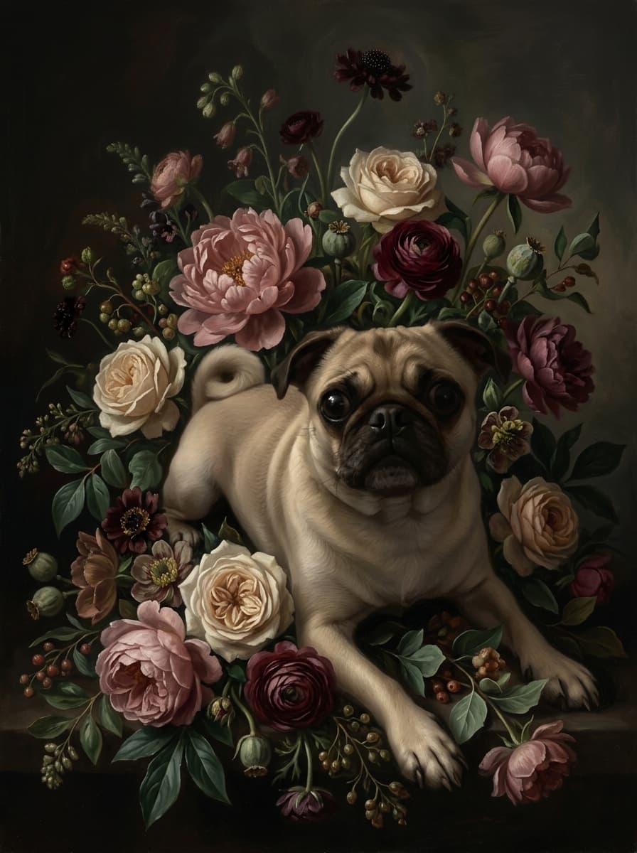 pug Floral Oil-Painting Floral Framed Art Print (A3) 4