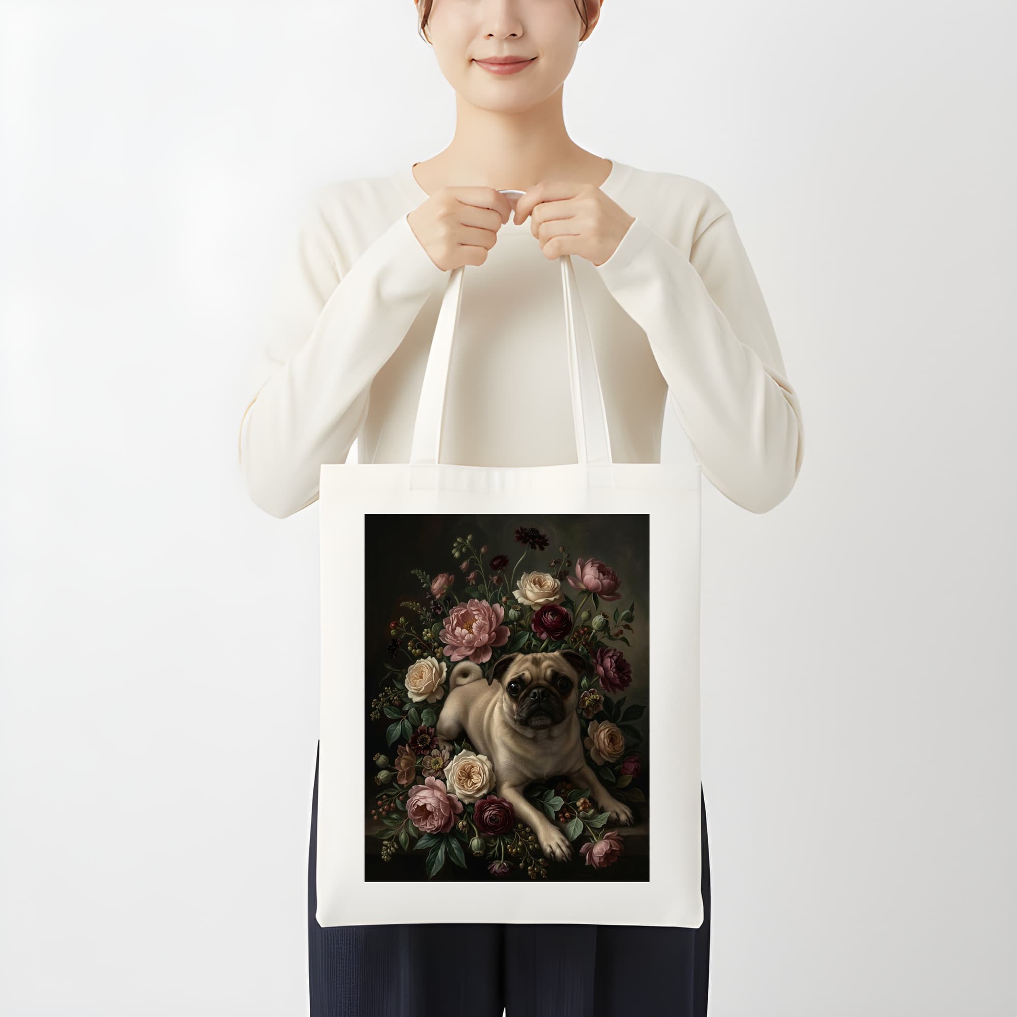 pug Floral Oil-Painting Floral Tote Bag 3