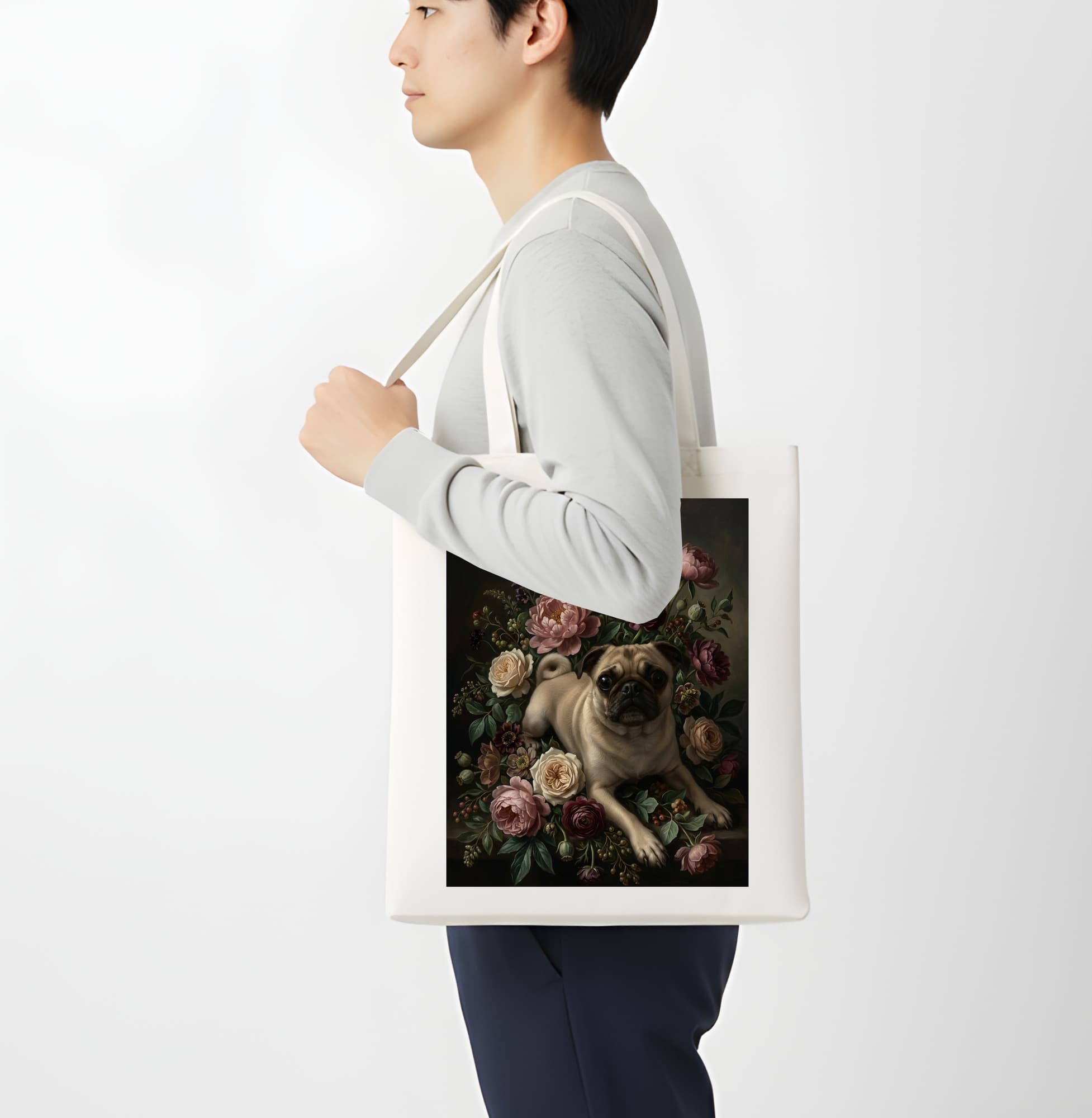 pug Floral Oil-Painting Floral Tote Bag 4