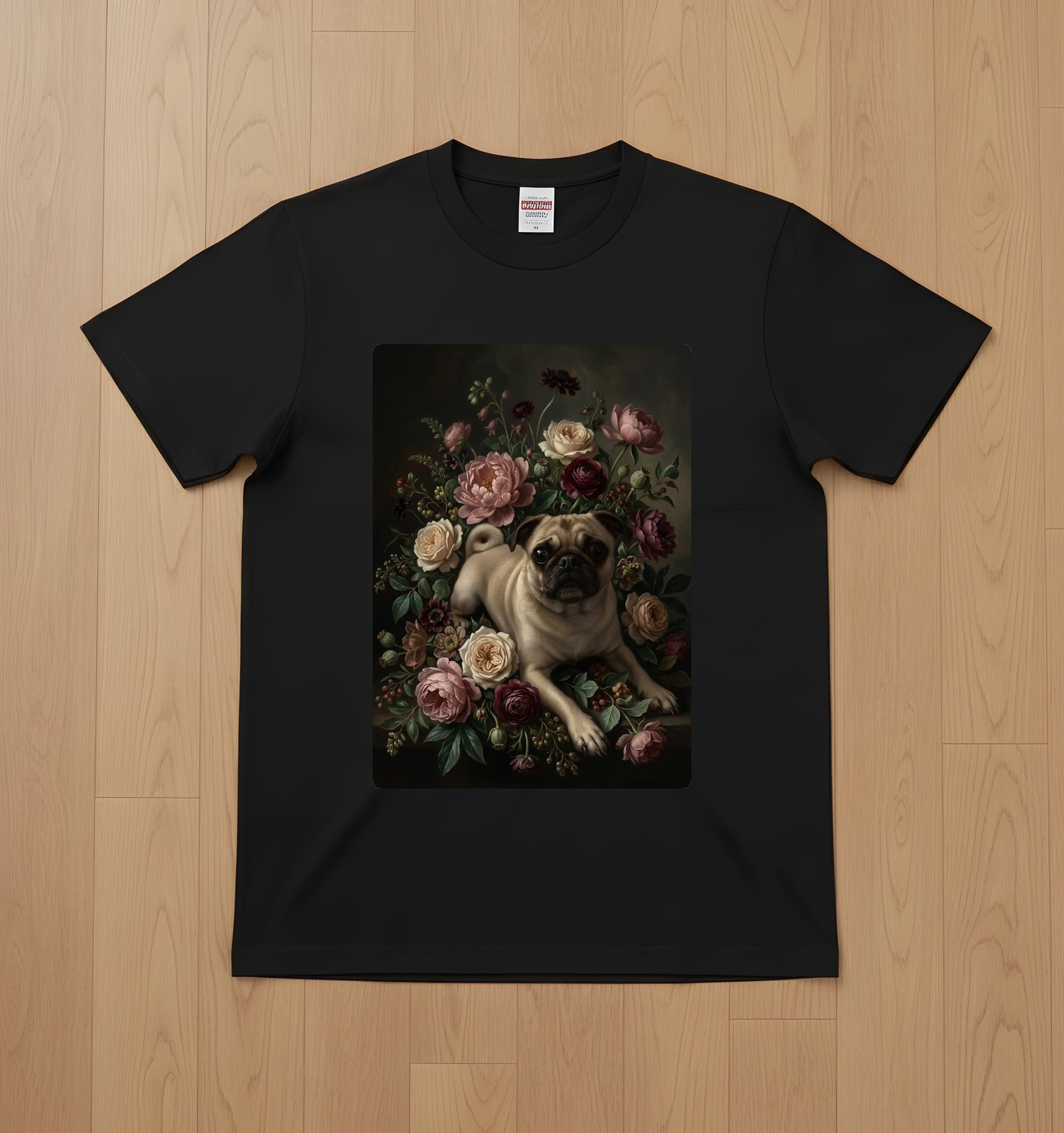 pug Floral Oil-Painting Floral T-Shirt (Black)