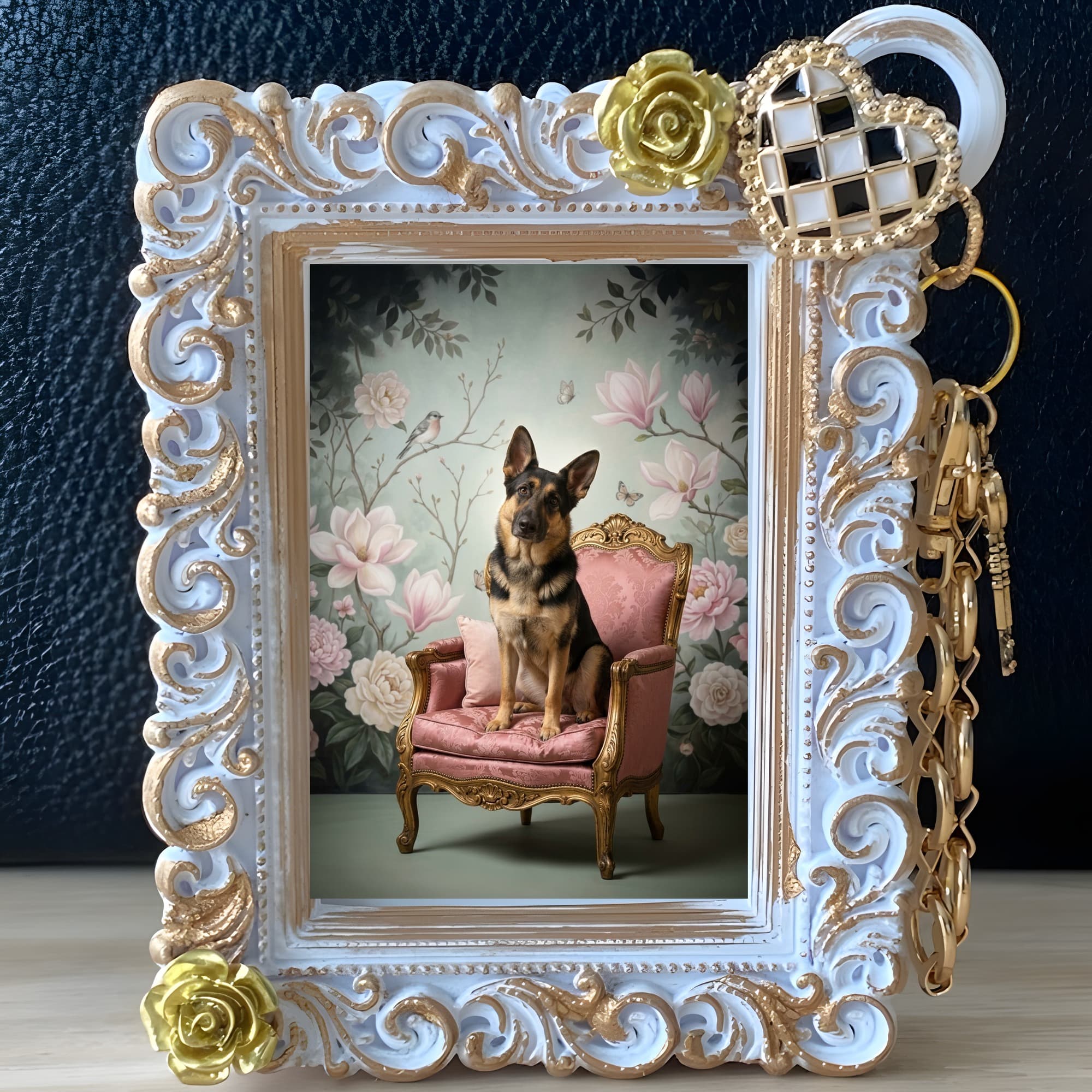 German shepherd Shabby Pink Oil-Painting Rococo Bag Charm (White) 2
