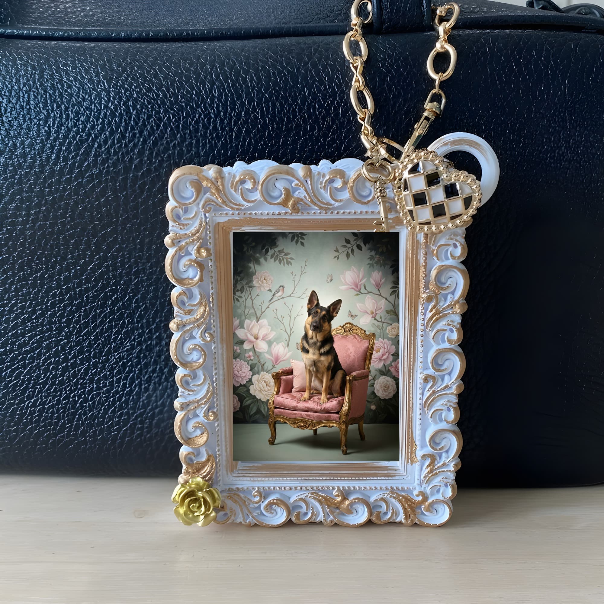 German shepherd Shabby Pink Oil-Painting Rococo Bag Charm (White) 3