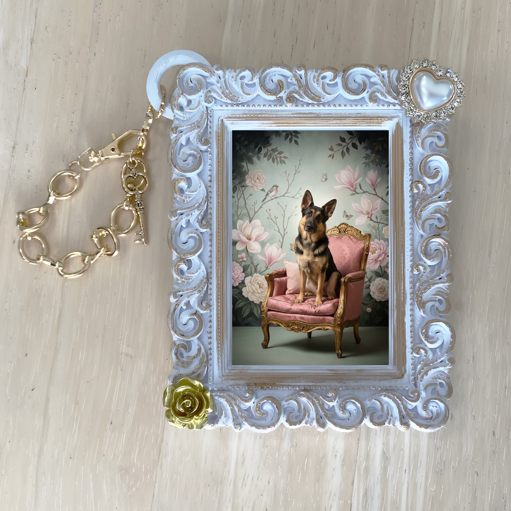 German shepherd Shabby Pink Oil-Painting Rococo Bag Charm (White) 4