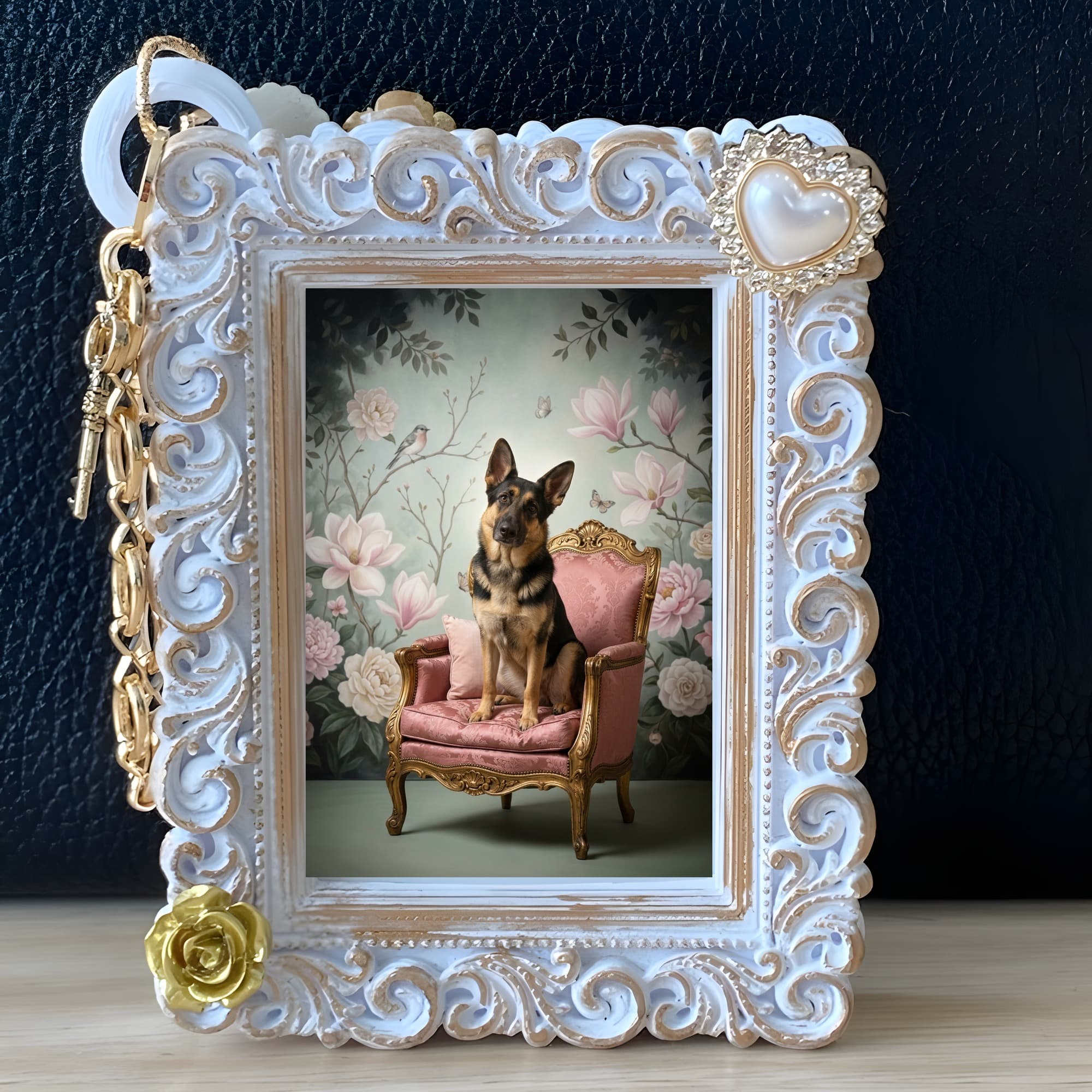 German shepherd Shabby Pink Oil-Painting Rococo Bag Charm (White) 5