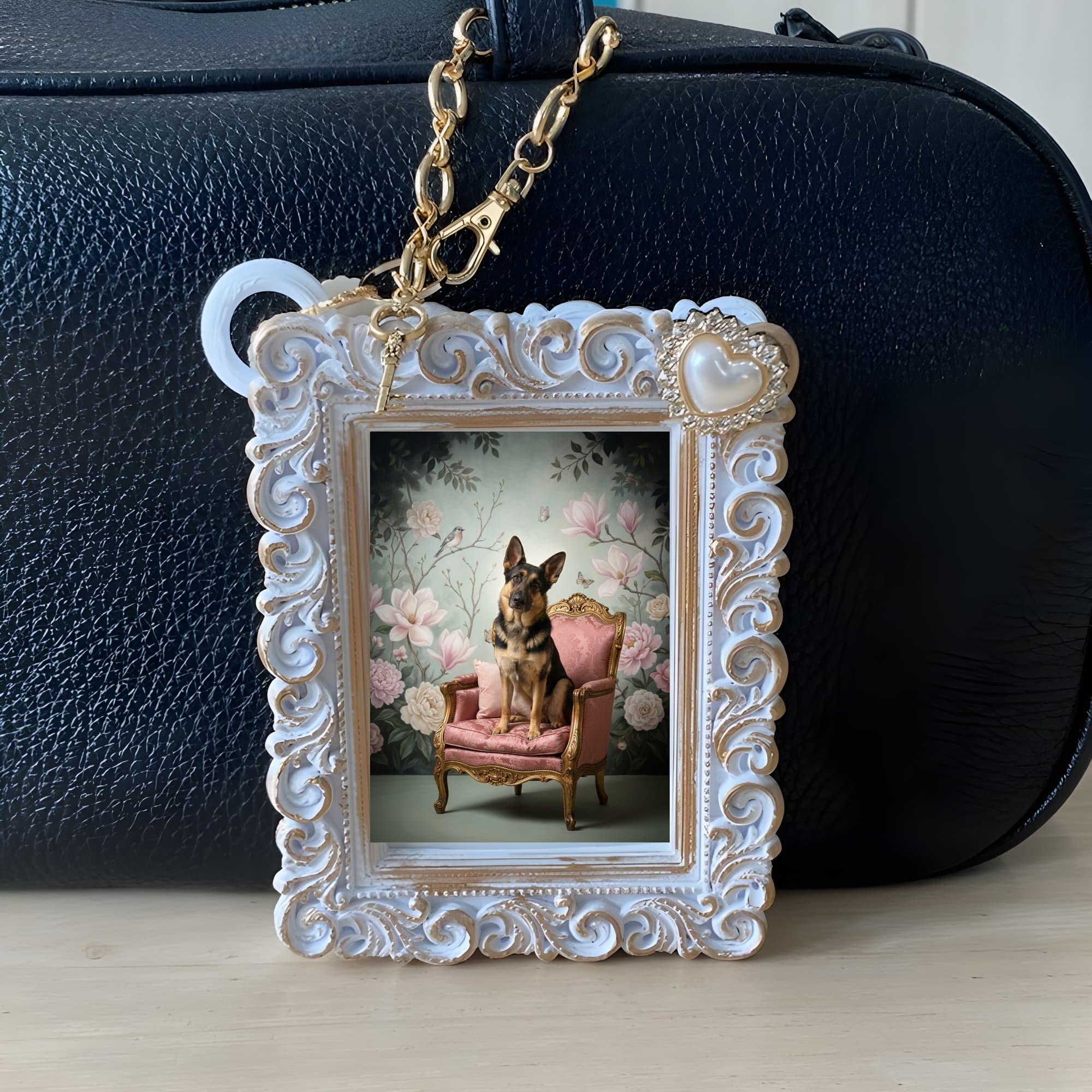 German shepherd Shabby Pink Oil-Painting Rococo Bag Charm (White) 6