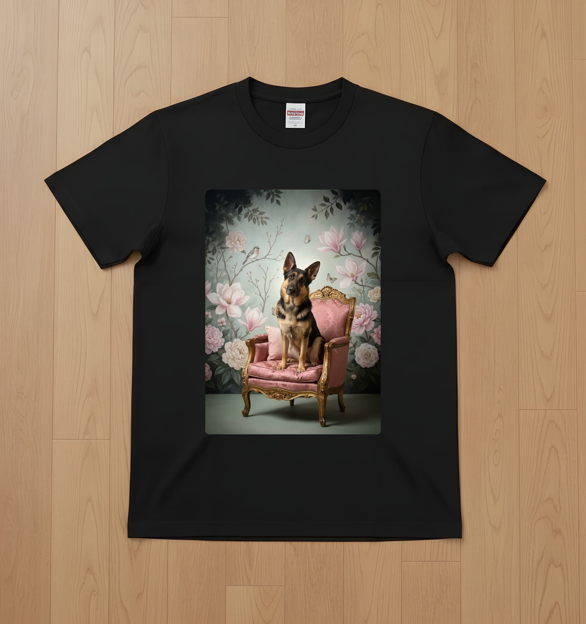 ジャーマンシェパードのシャビーピンクの油絵風アートロココ調Tシャツ(ブラック)