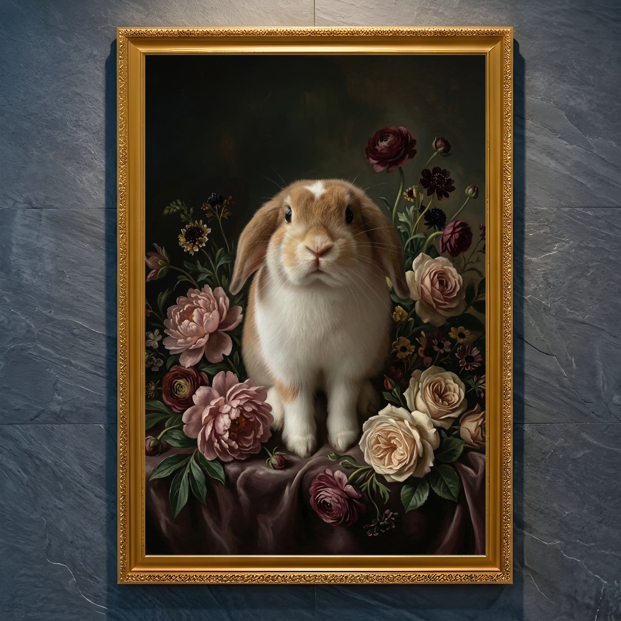 Mini Lop Floral Oil-Painting Floral Framed Art Print (A4 Gold)