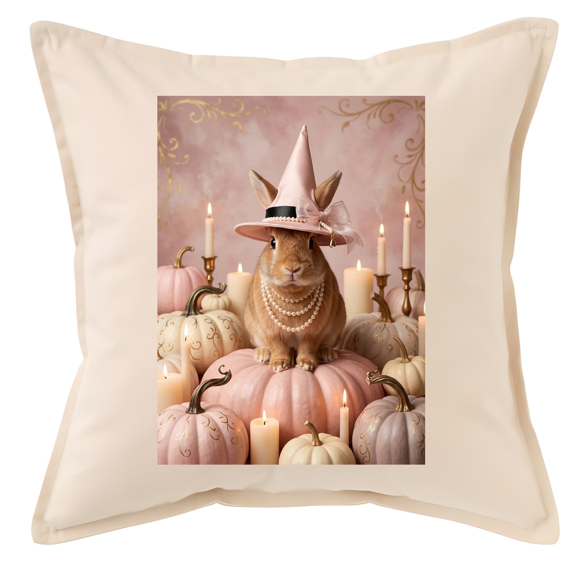 Satin rabbit Pumpkin & Candlelight Oil-Painting Halloween Cushion
