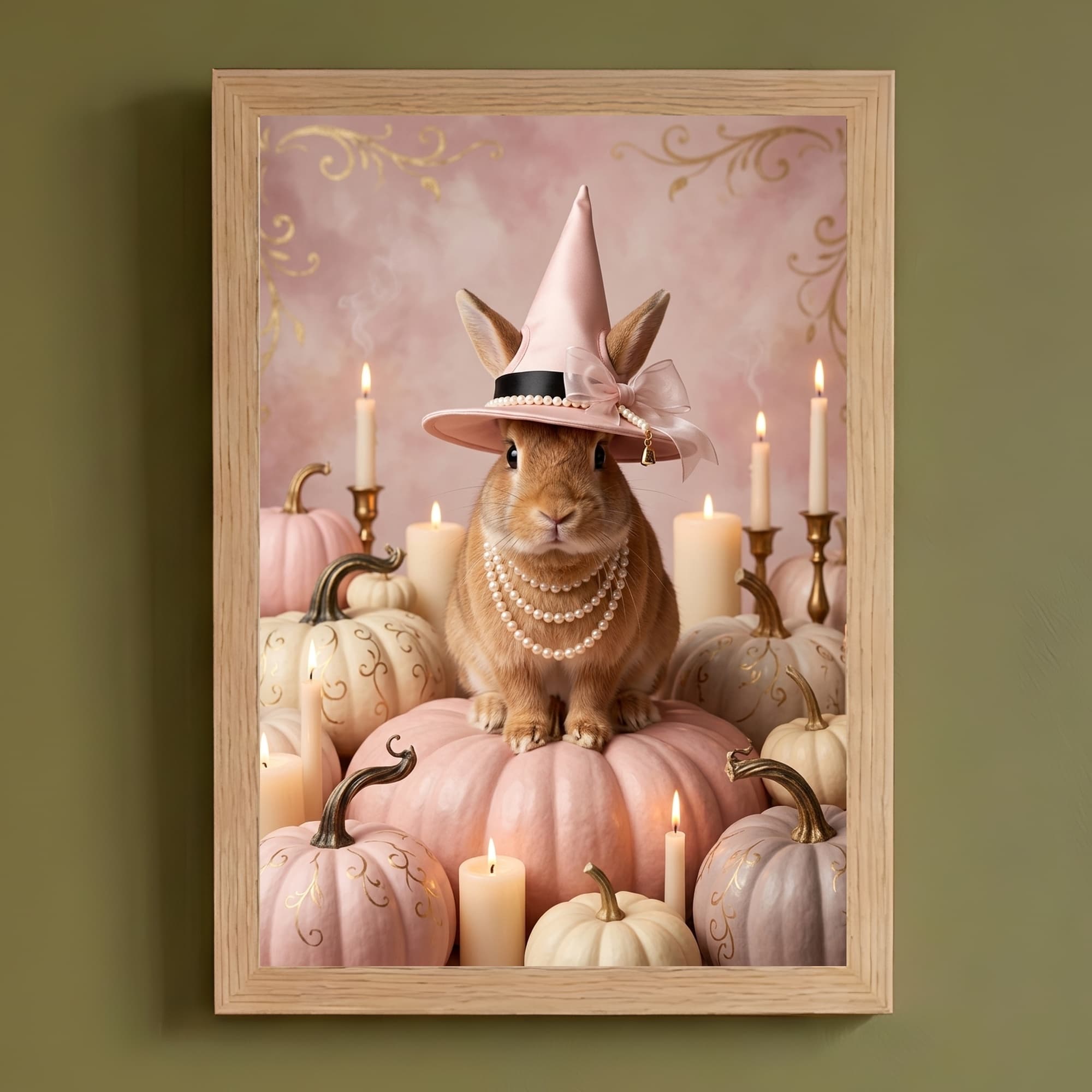 サテンのかぼちゃとキャンドルの油絵風アートハロウィン額装プリント(A4サイズ)