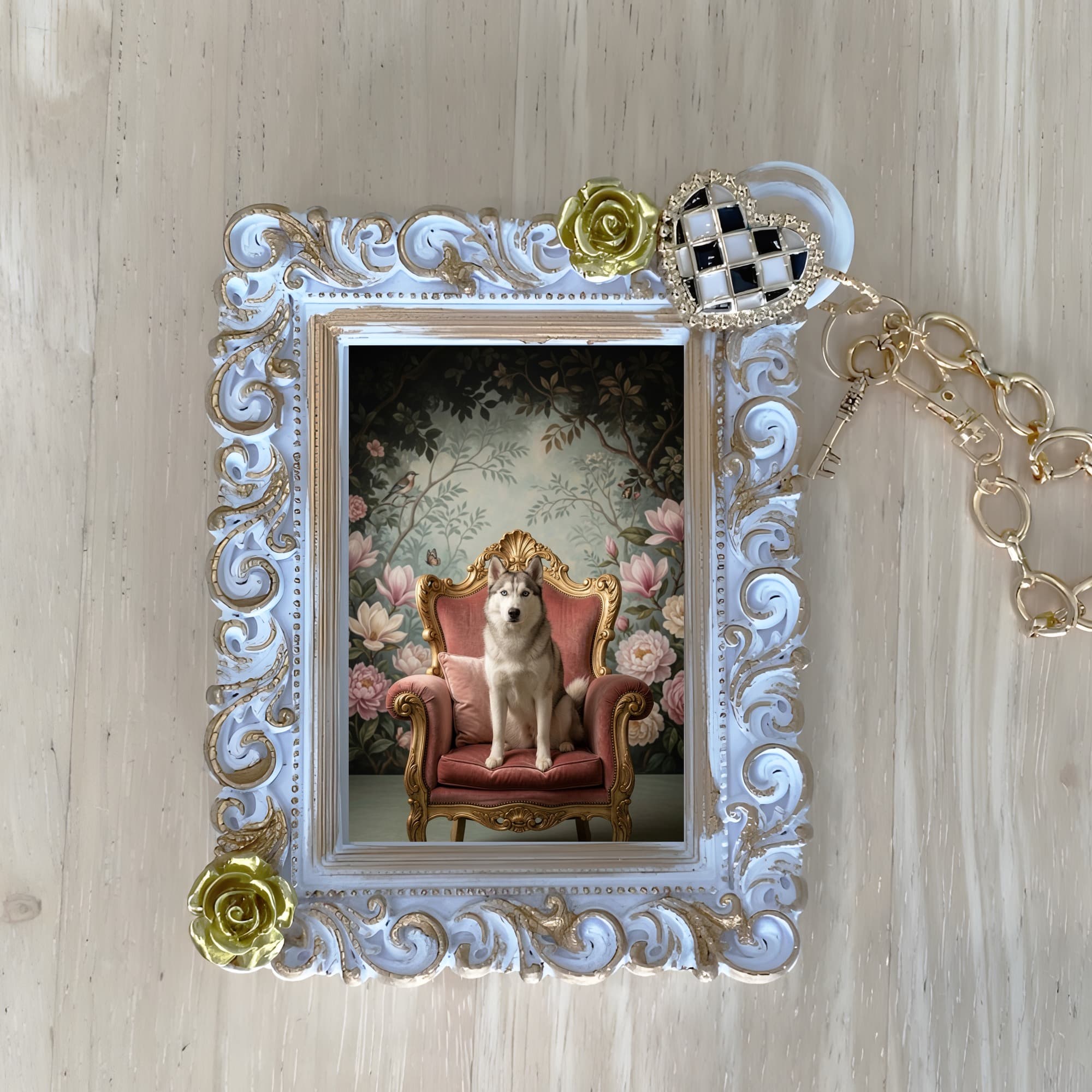 Siberian husky Shabby Pink Oil-Painting Rococo Bag Charm (White)