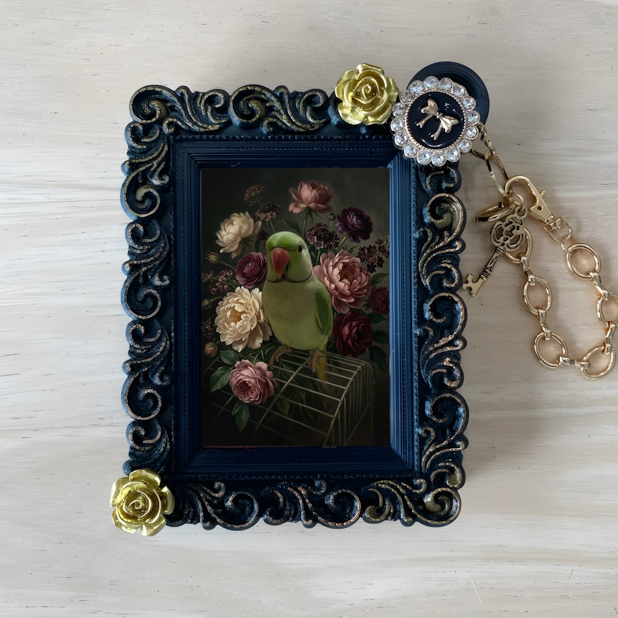 Indian Ringneck Parakeet Floral Oil-Painting Floral Bag Charm (Black)