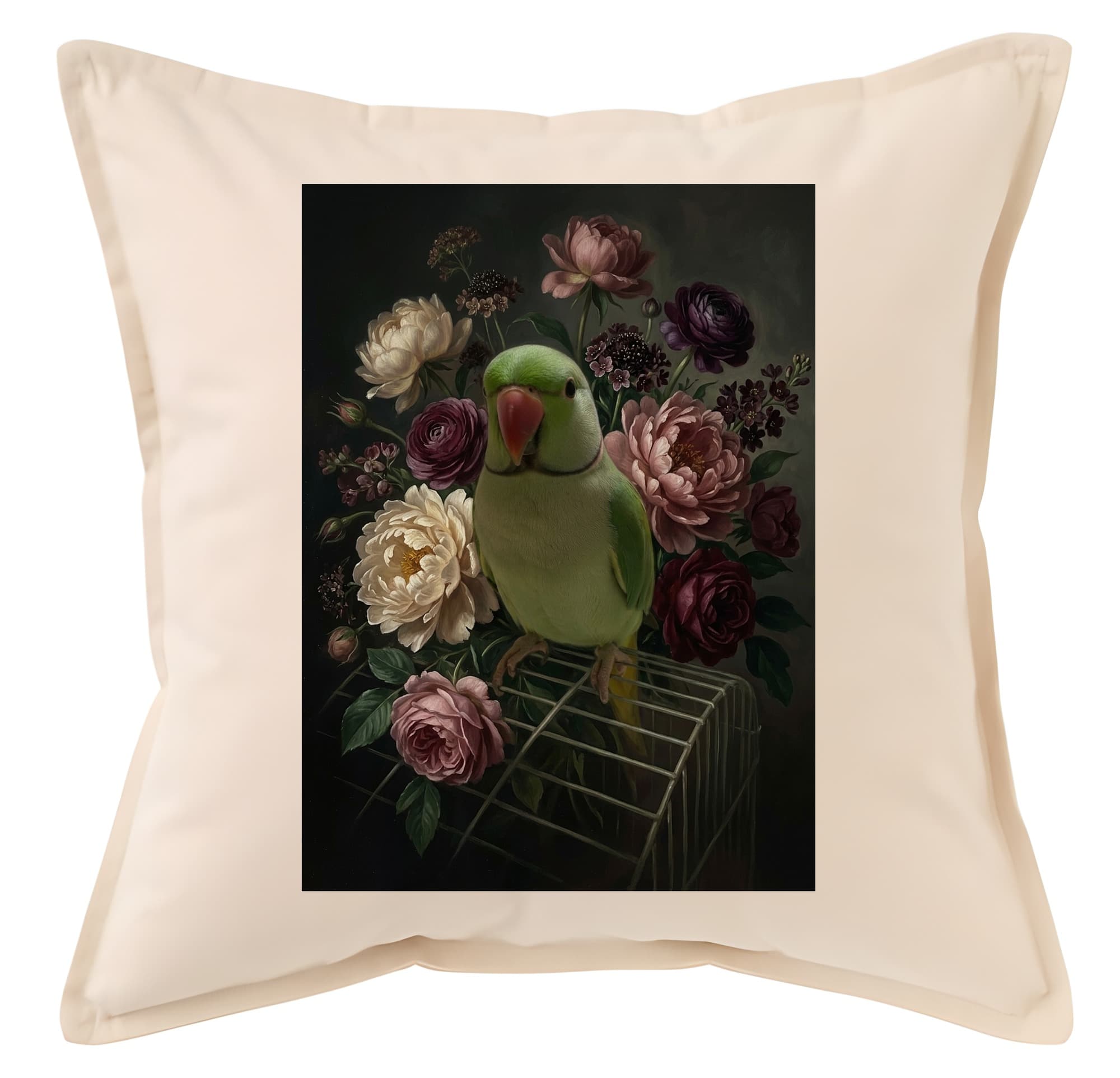 インドオオハナインコの花の油絵風アート花柄クッション