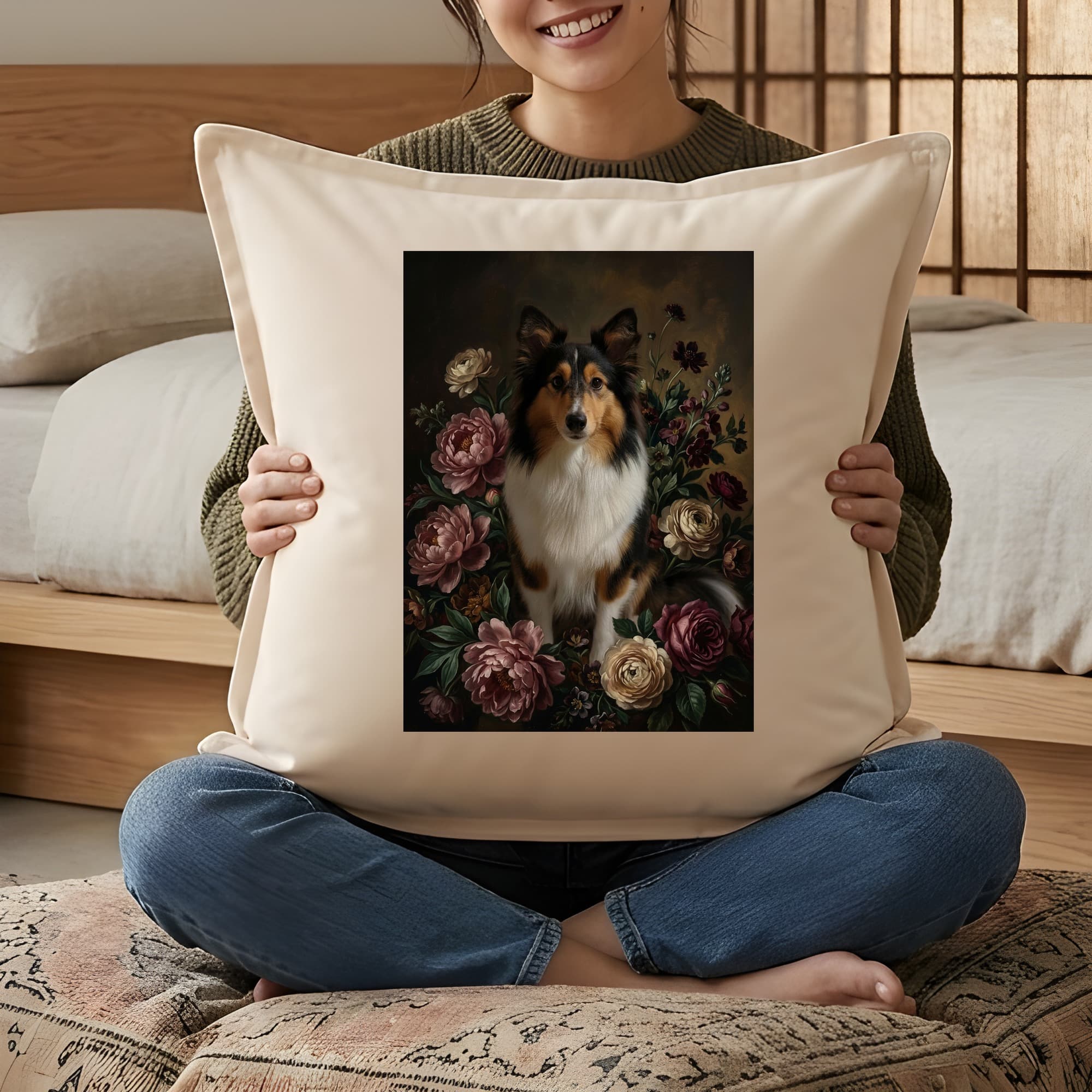 シェットランドシープドッグの花の油絵風アート花柄クッション 3