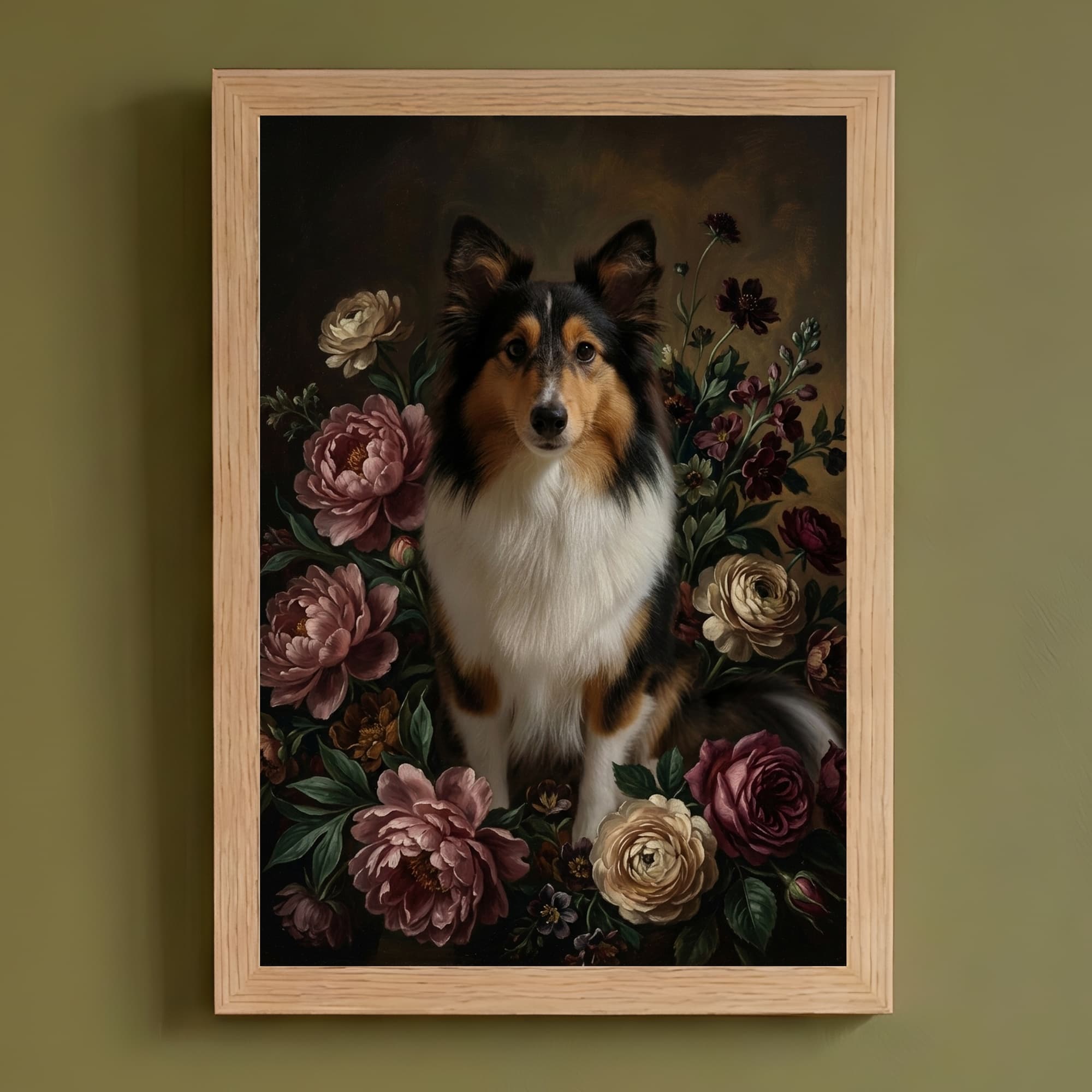 Shetland sheepdog Floral Oil-Painting Floral Framed Art Print (A4)