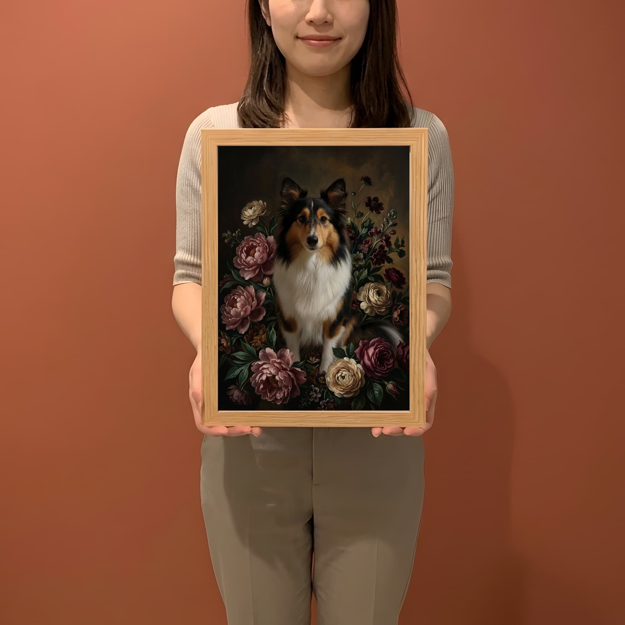 Shetland sheepdog Floral Oil-Painting Floral Framed Art Print (A4) 2