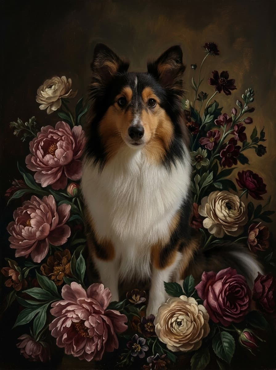 Shetland sheepdog Floral Oil-Painting Floral Framed Art Print (A4) 4
