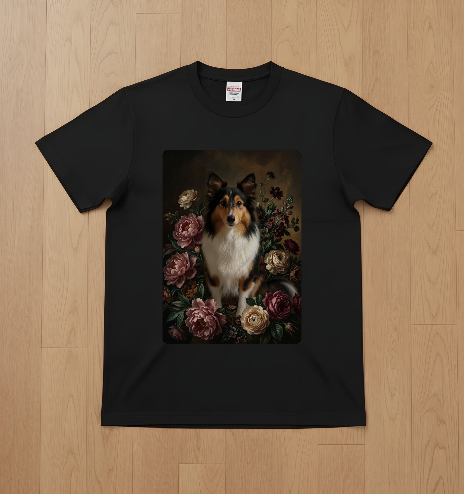 Shetland sheepdog Floral Oil-Painting Floral T-Shirt (Black)