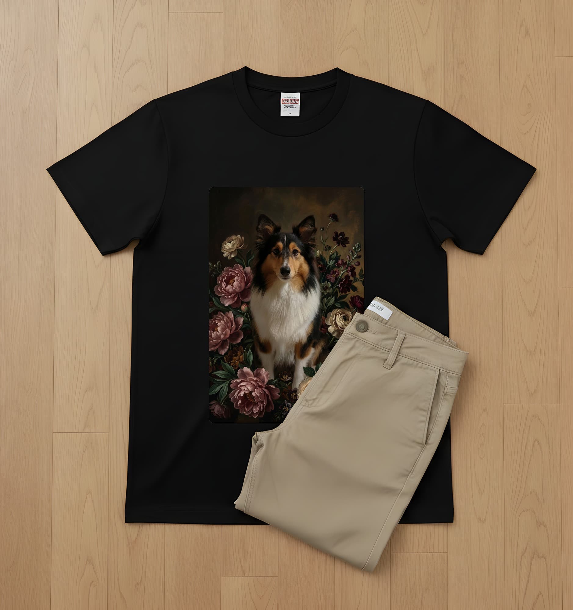 Shetland sheepdog Floral Oil-Painting Floral T-Shirt (Black) 2