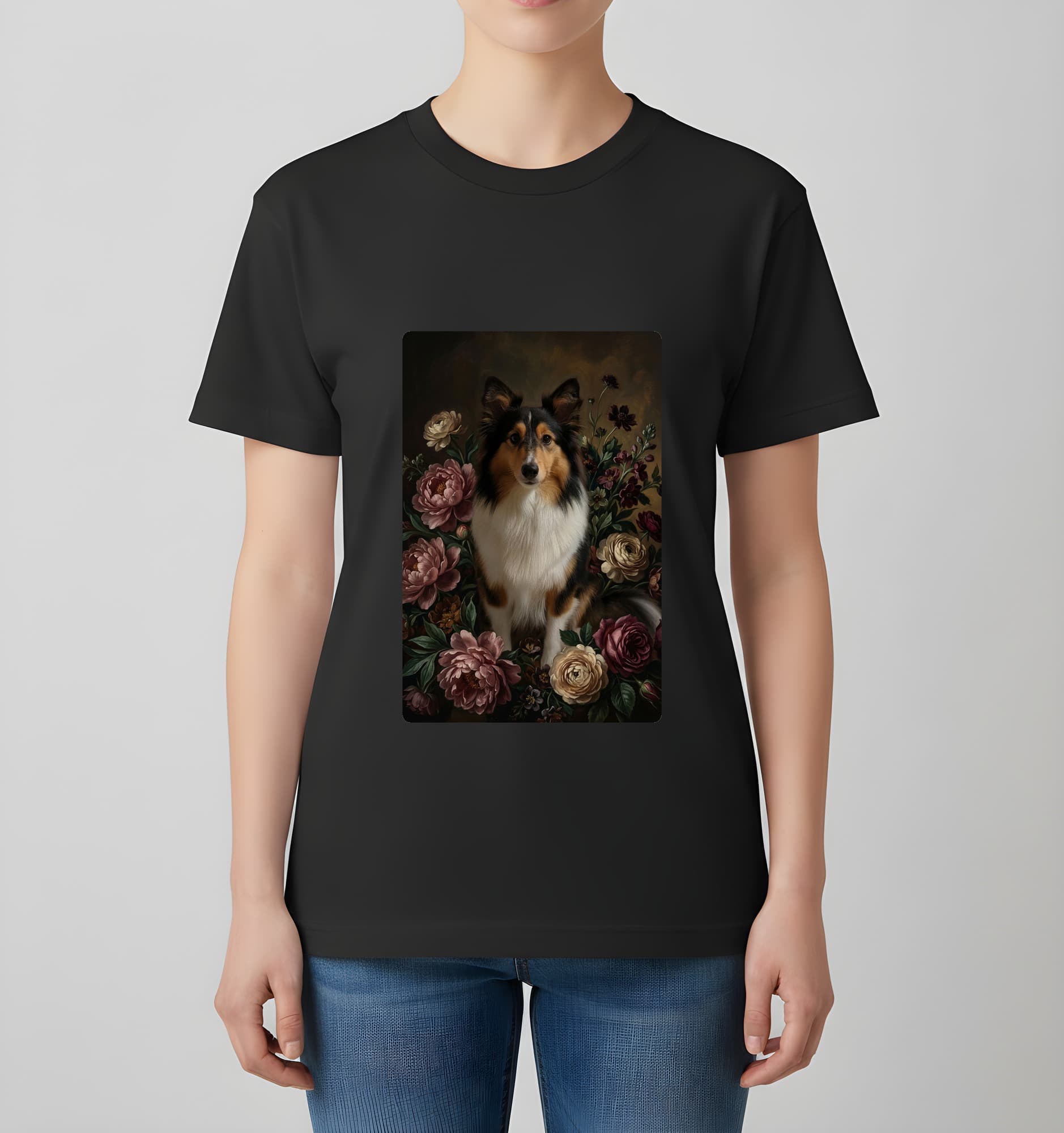 Shetland sheepdog Floral Oil-Painting Floral T-Shirt (Black) 4