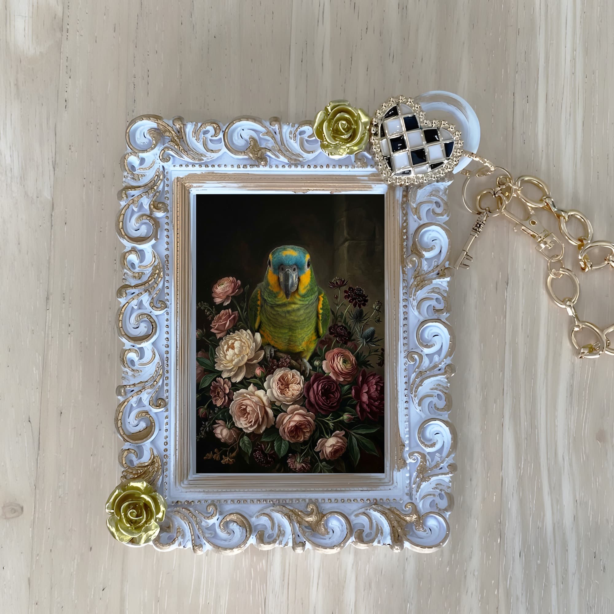 アオボウシインコの花の油絵風アート花柄バッグチャーム(ホワイト)