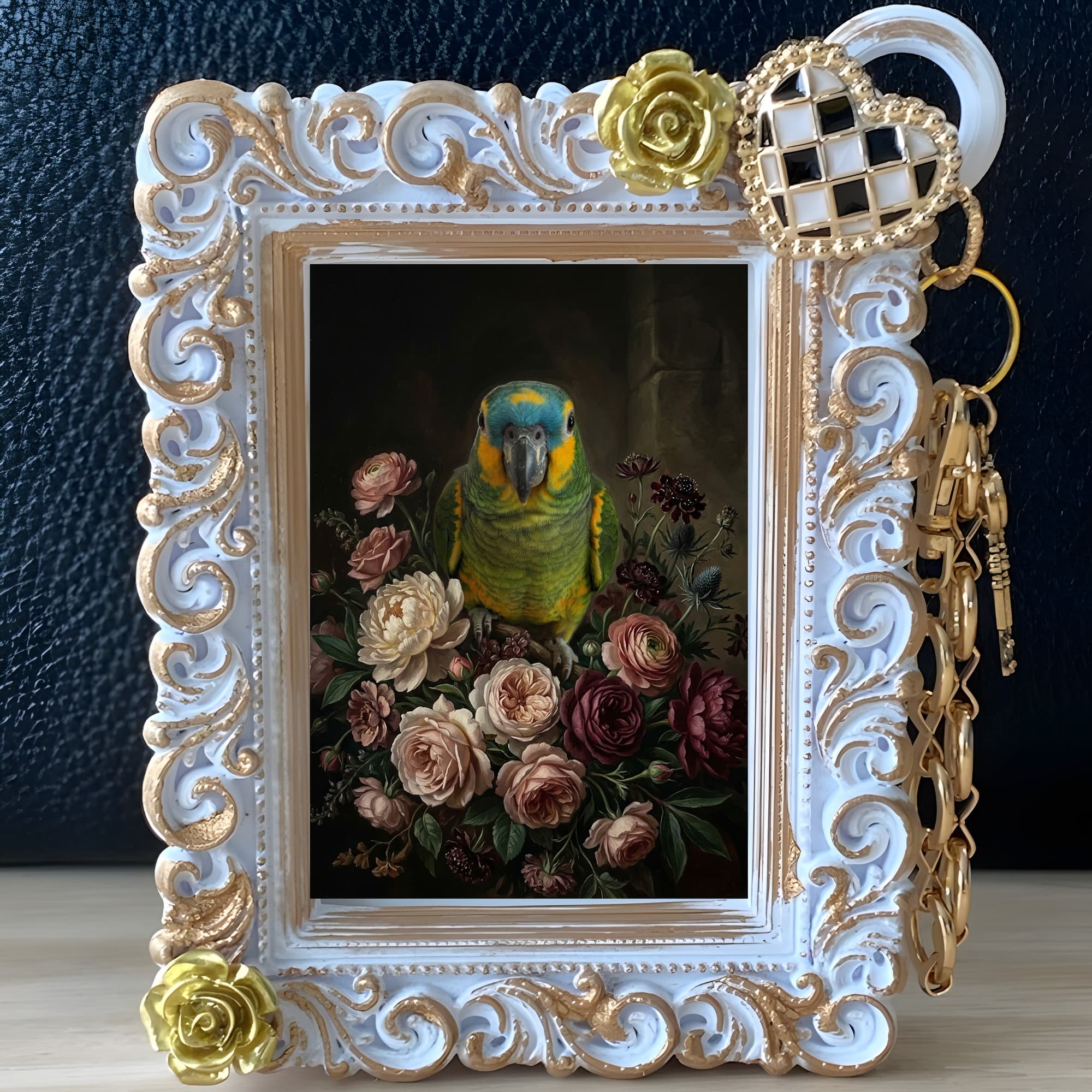 アオボウシインコの花の油絵風アート花柄バッグチャーム(ホワイト) 2