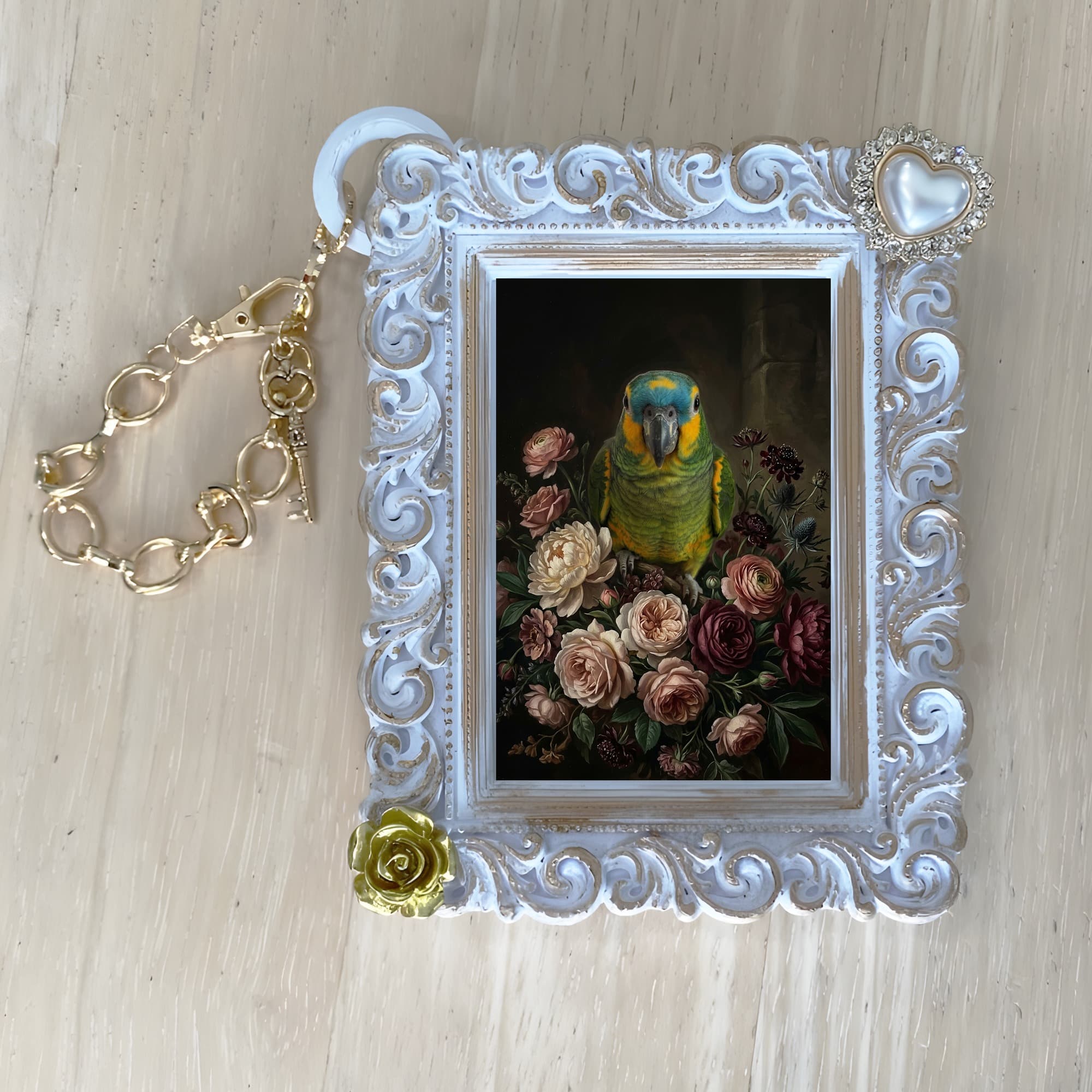アオボウシインコの花の油絵風アート花柄バッグチャーム(ホワイト) 4