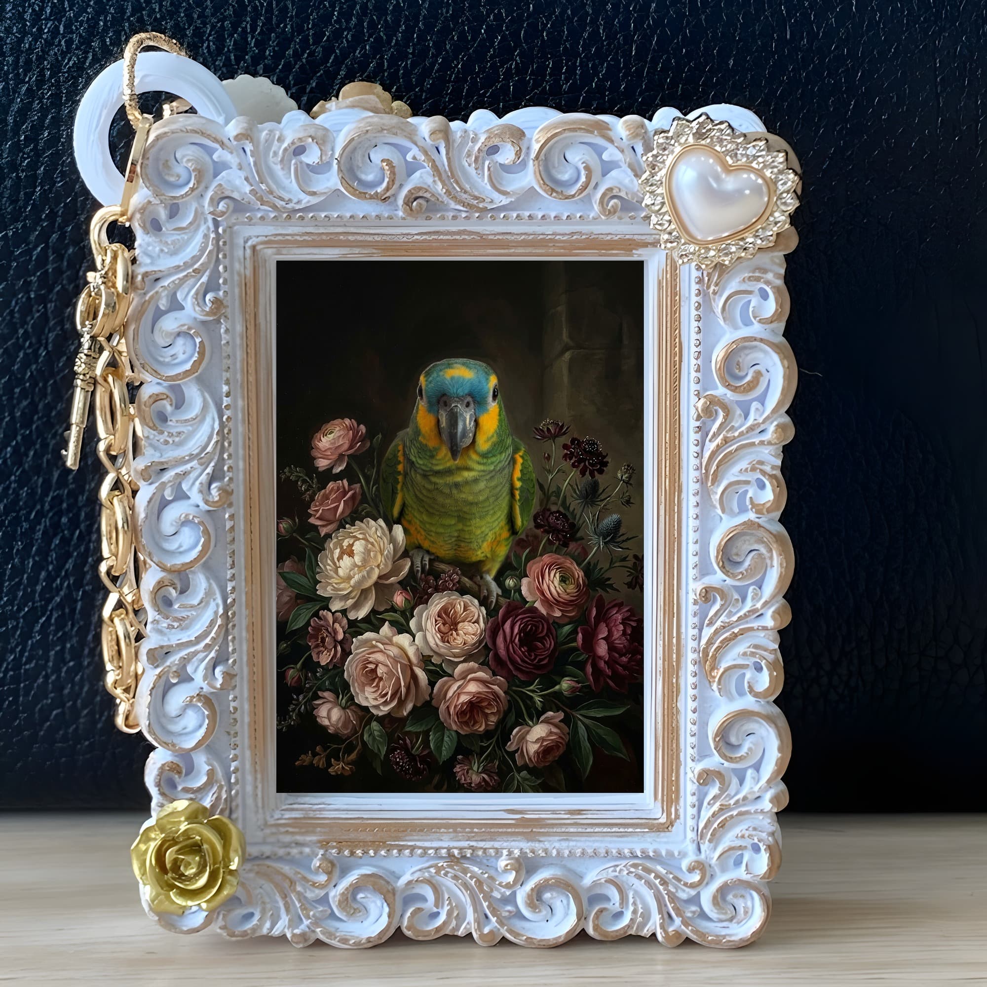アオボウシインコの花の油絵風アート花柄バッグチャーム(ホワイト) 5