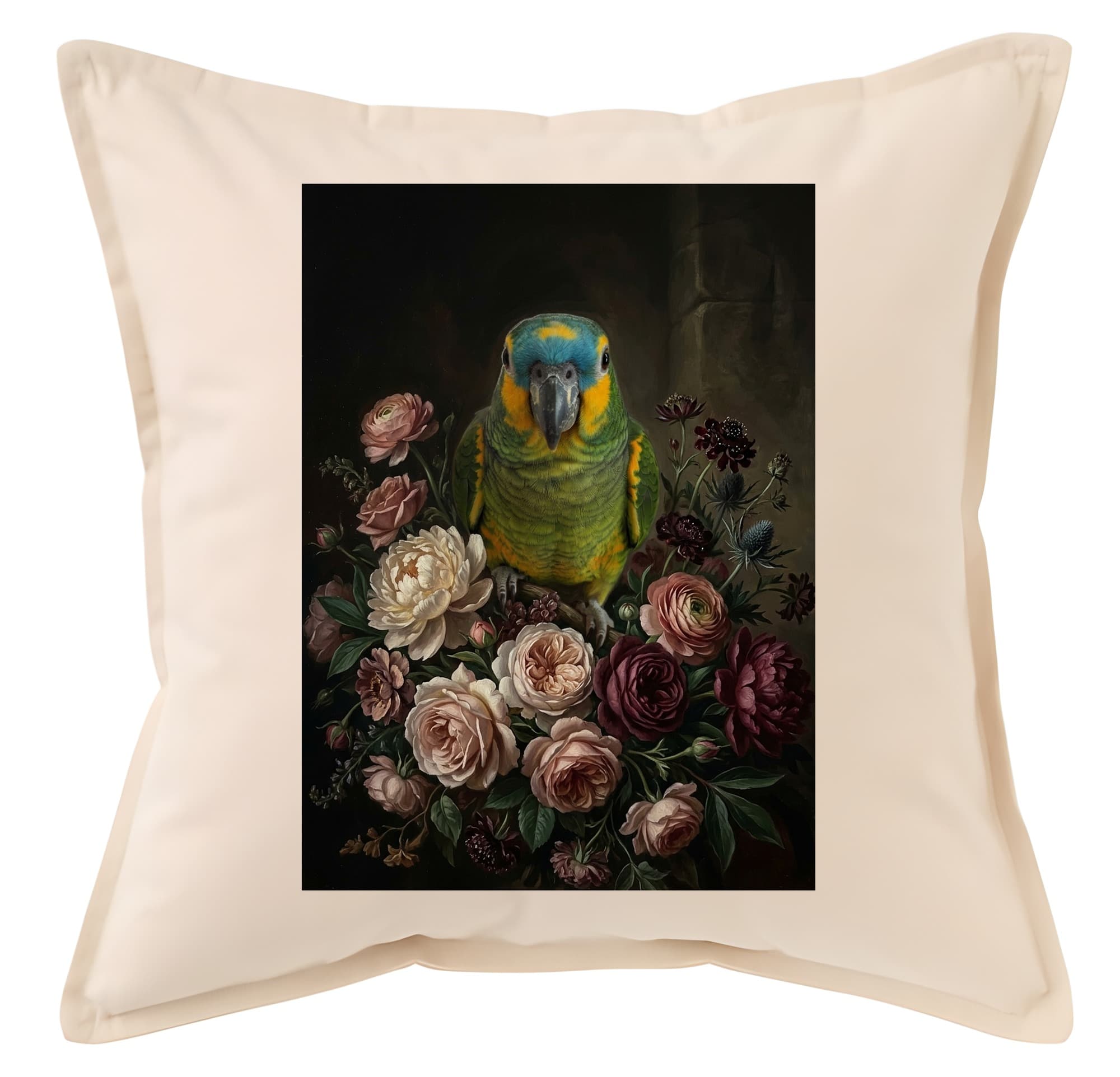 アオボウシインコの花の油絵風アート花柄クッション