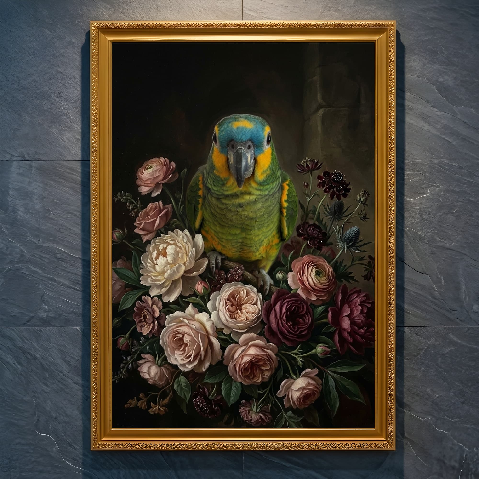 アオボウシインコの花の油絵風アート花柄額装プリント(A4金縁)