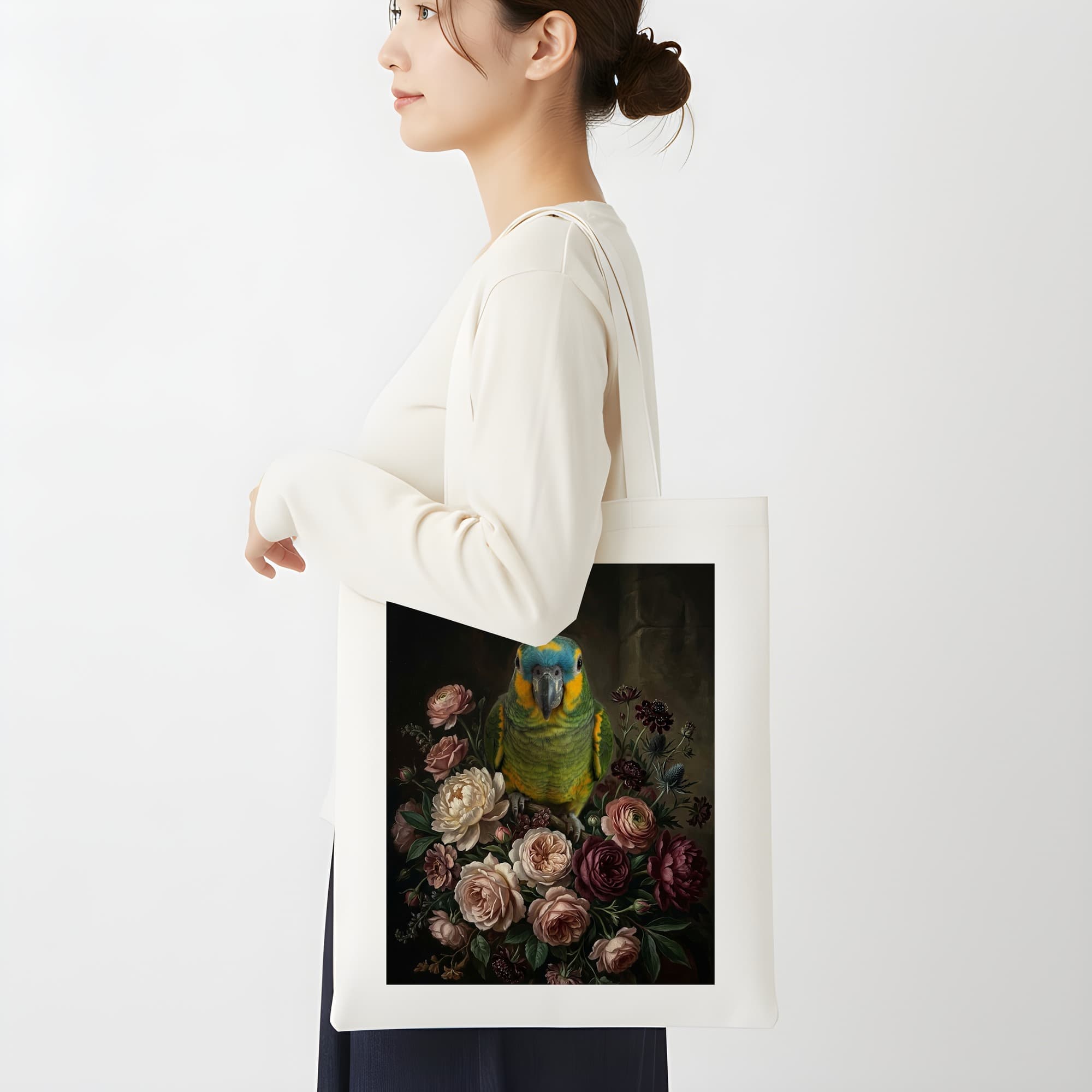 アオボウシインコの花の油絵風アート花柄トートバッグ 2
