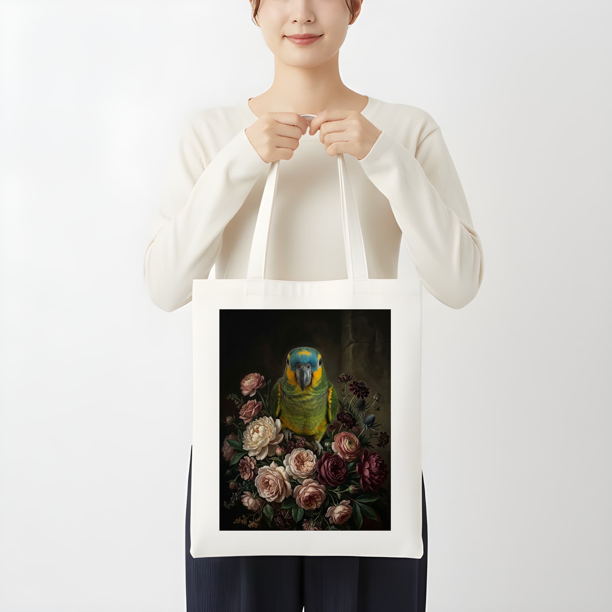 アオボウシインコの花の油絵風アート花柄トートバッグ 3