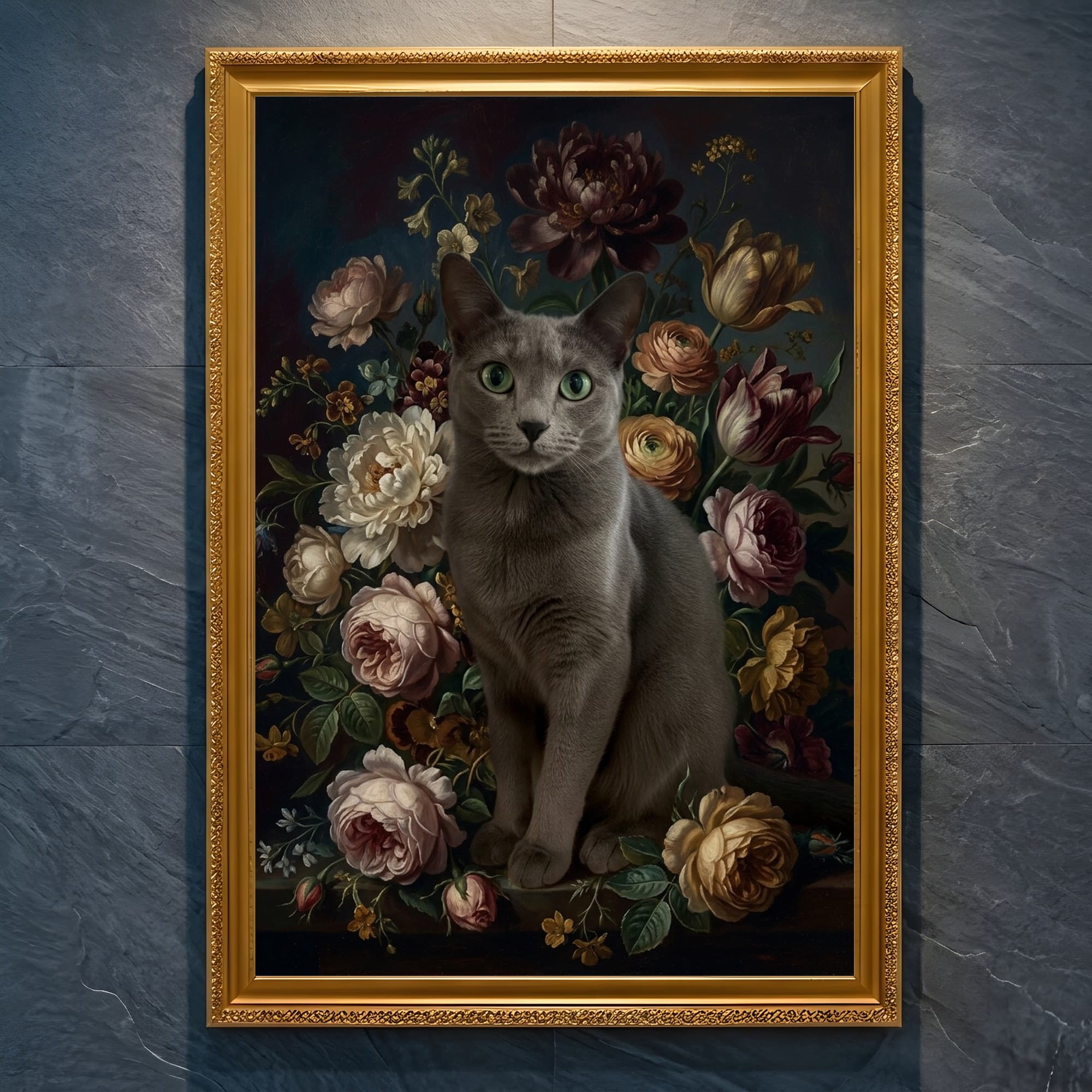 Russian Blue Floral Oil-Painting Floral Framed Art Print (A4 Gold)