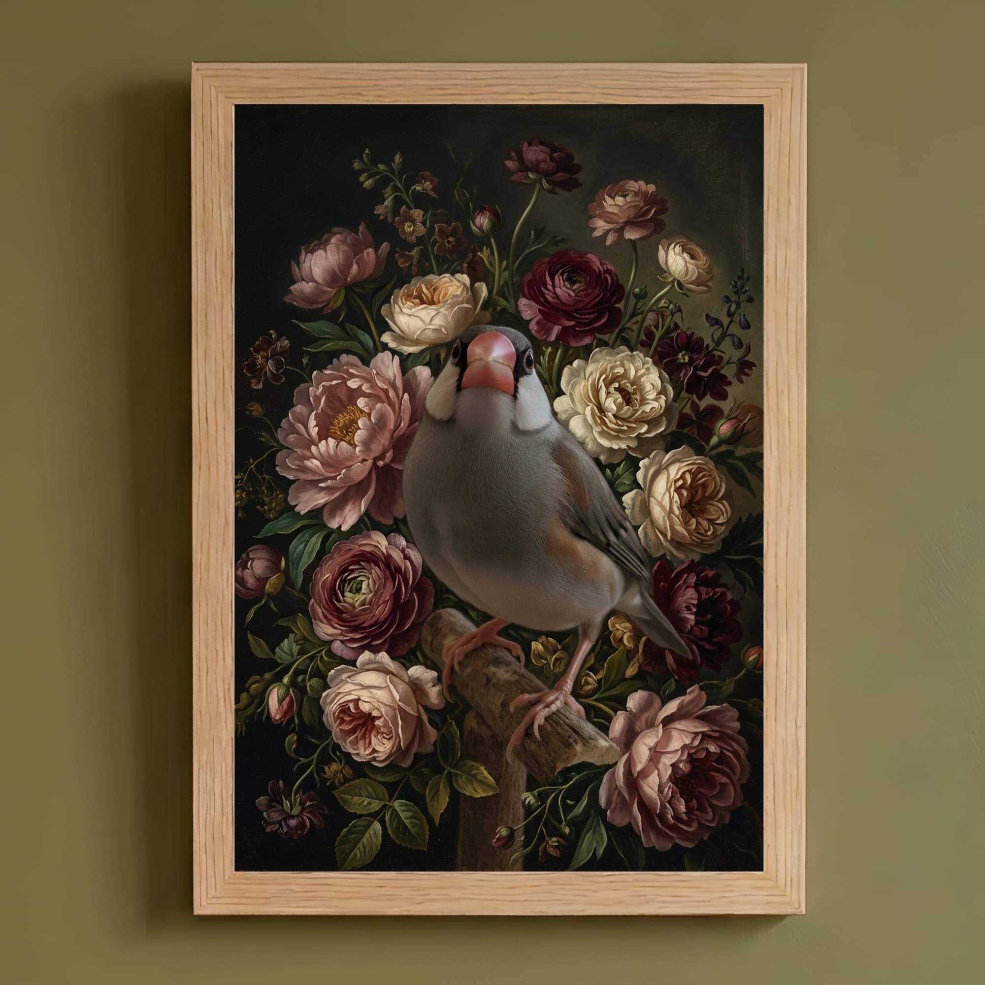 文鳥・ブンチョウの花の油絵風アート花柄額装プリント(A4サイズ)