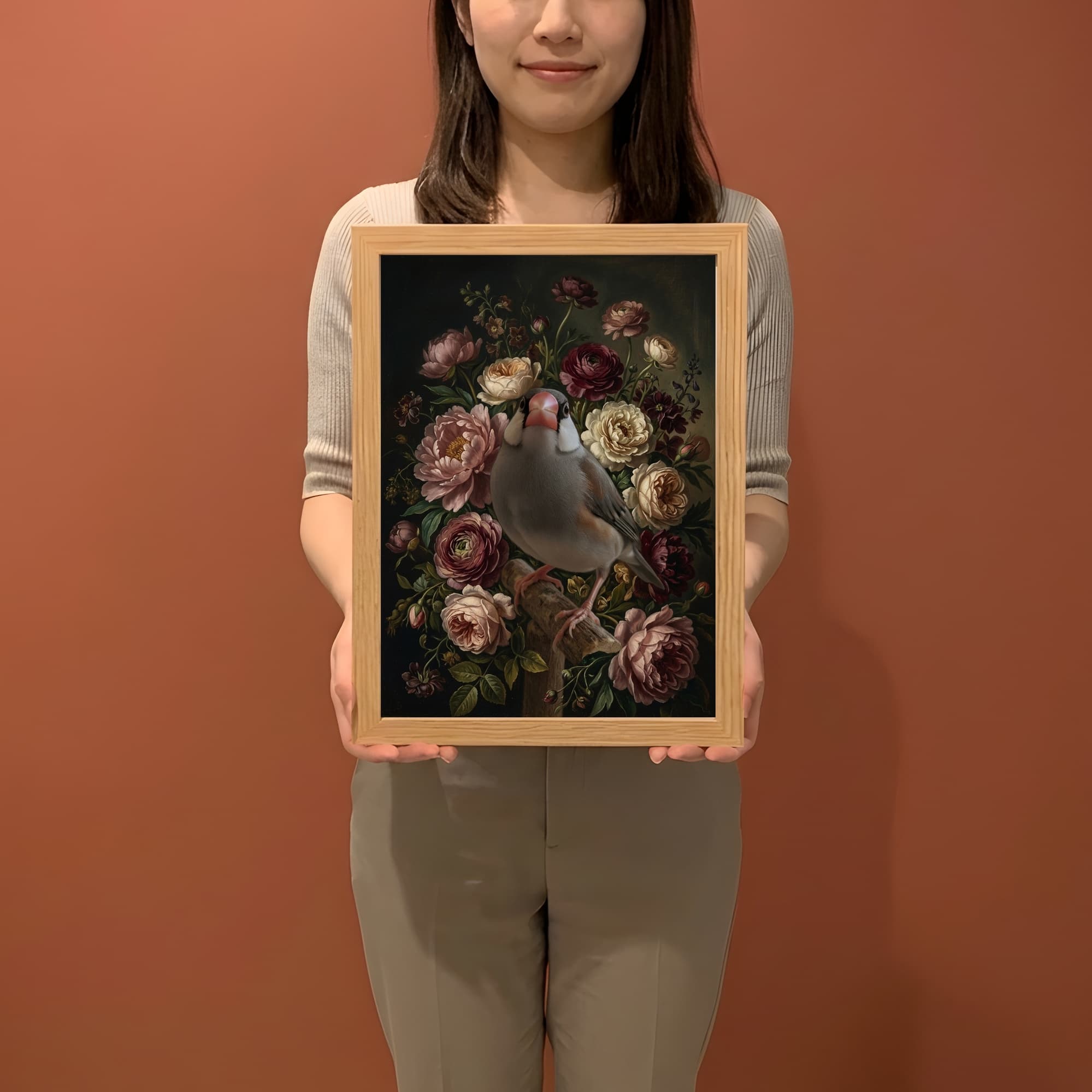 文鳥・ブンチョウの花の油絵風アート花柄額装プリント(A4サイズ) 2