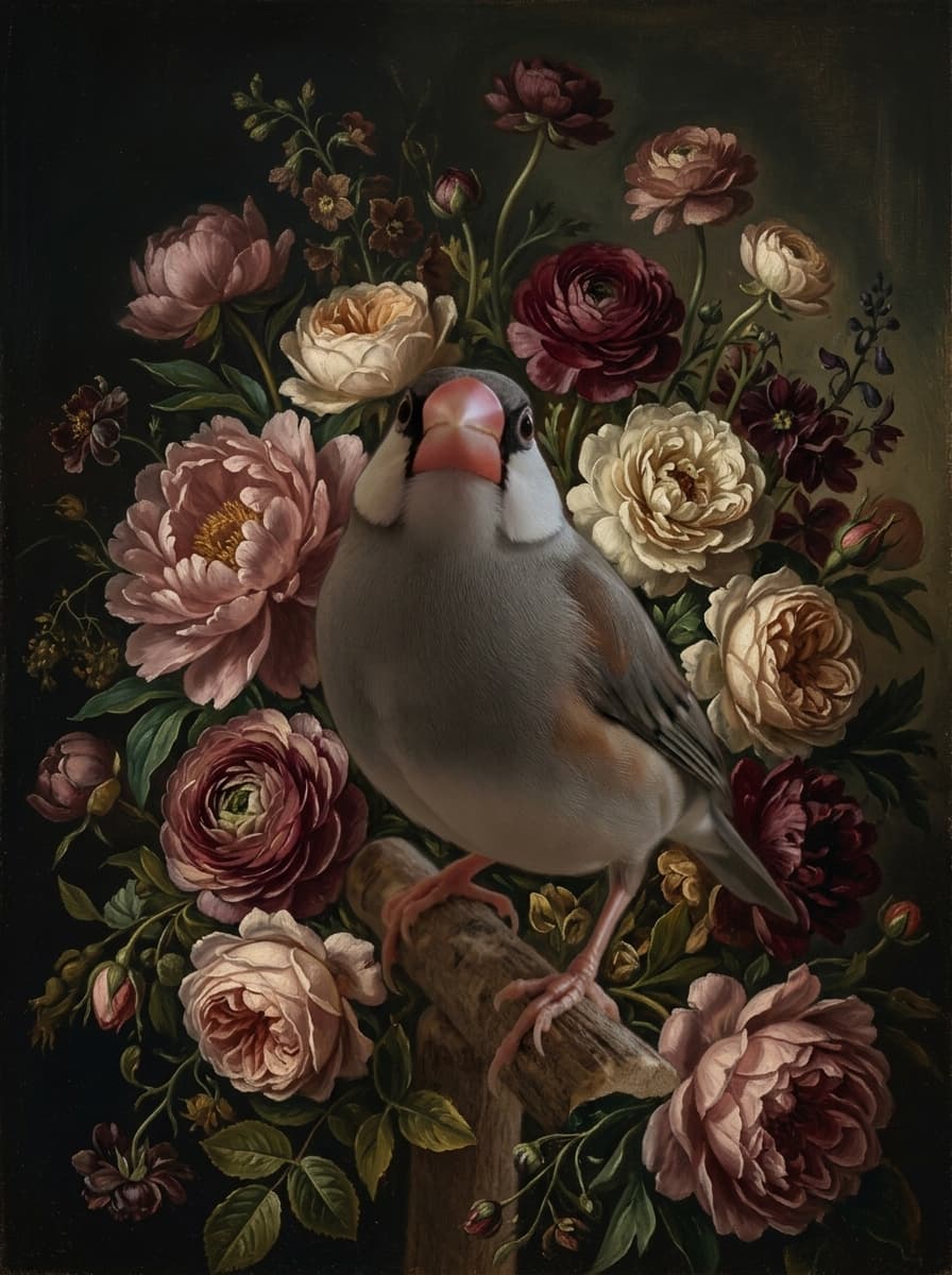 文鳥・ブンチョウの花の油絵風アート花柄額装プリント(A4サイズ) 4