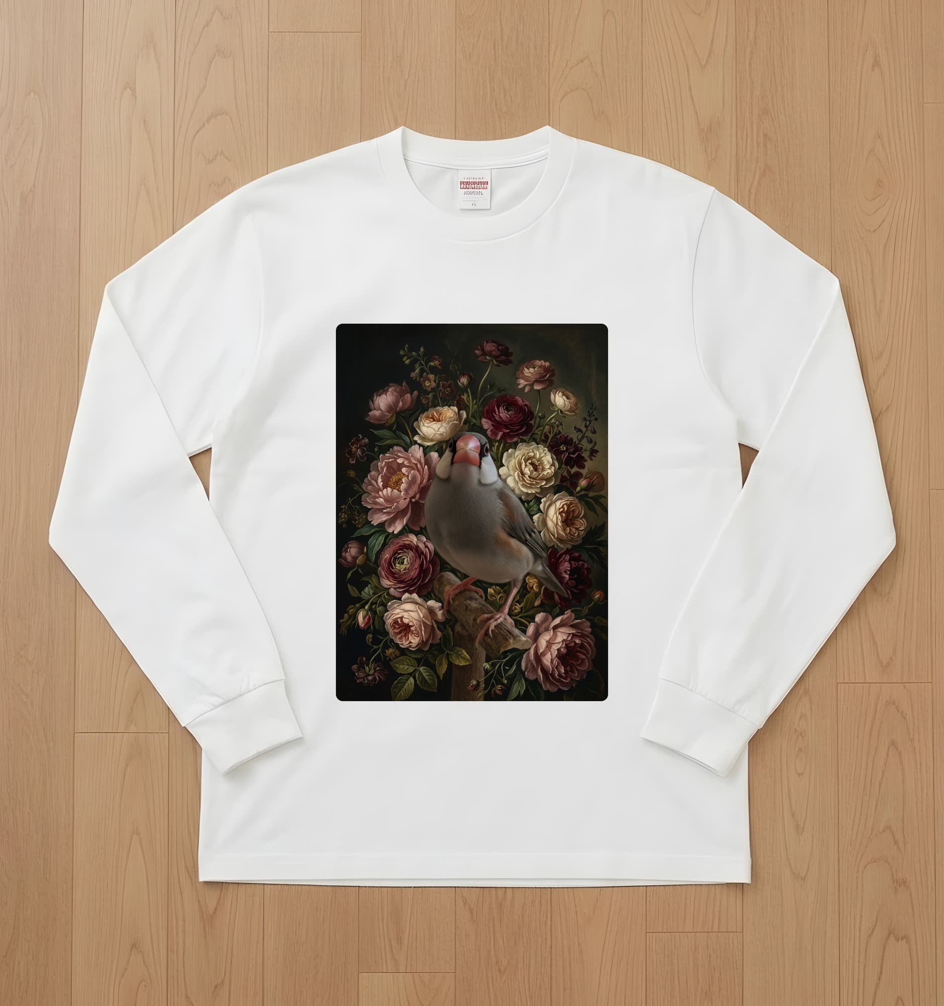 Java sparrow Floral Oil-Painting Floral Long Sleeve T-Shirt (White)