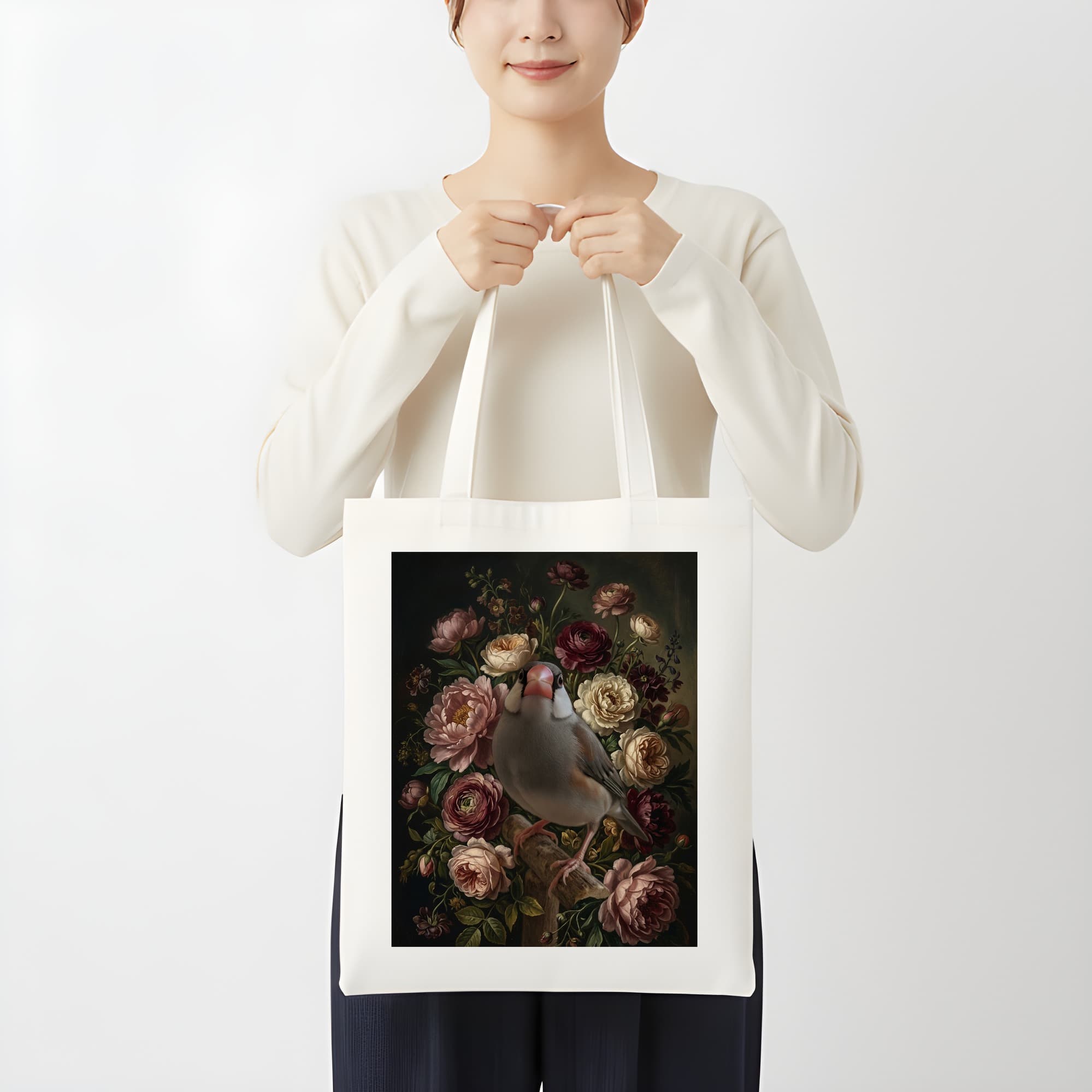文鳥・ブンチョウの花の油絵風アート花柄トートバッグ 3