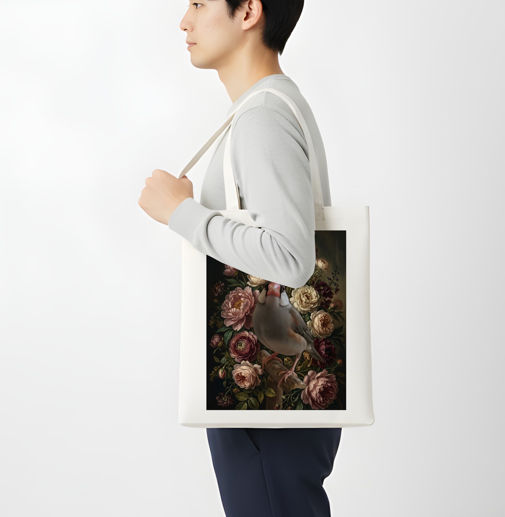 文鳥・ブンチョウの花の油絵風アート花柄トートバッグ 4