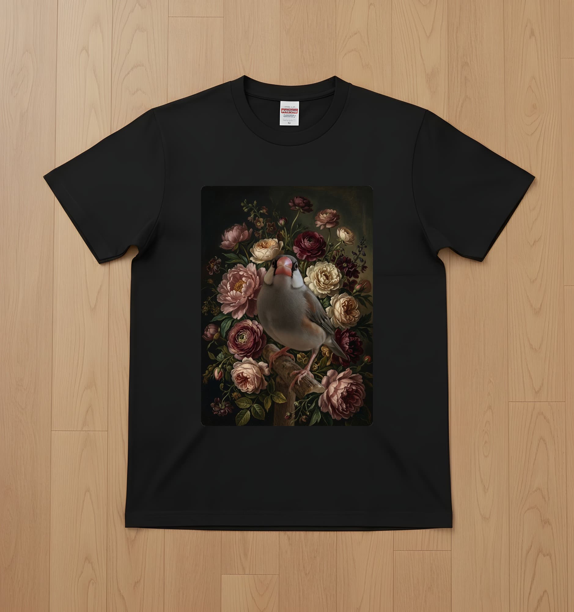 Java sparrow Floral Oil-Painting Floral T-Shirt (Black)