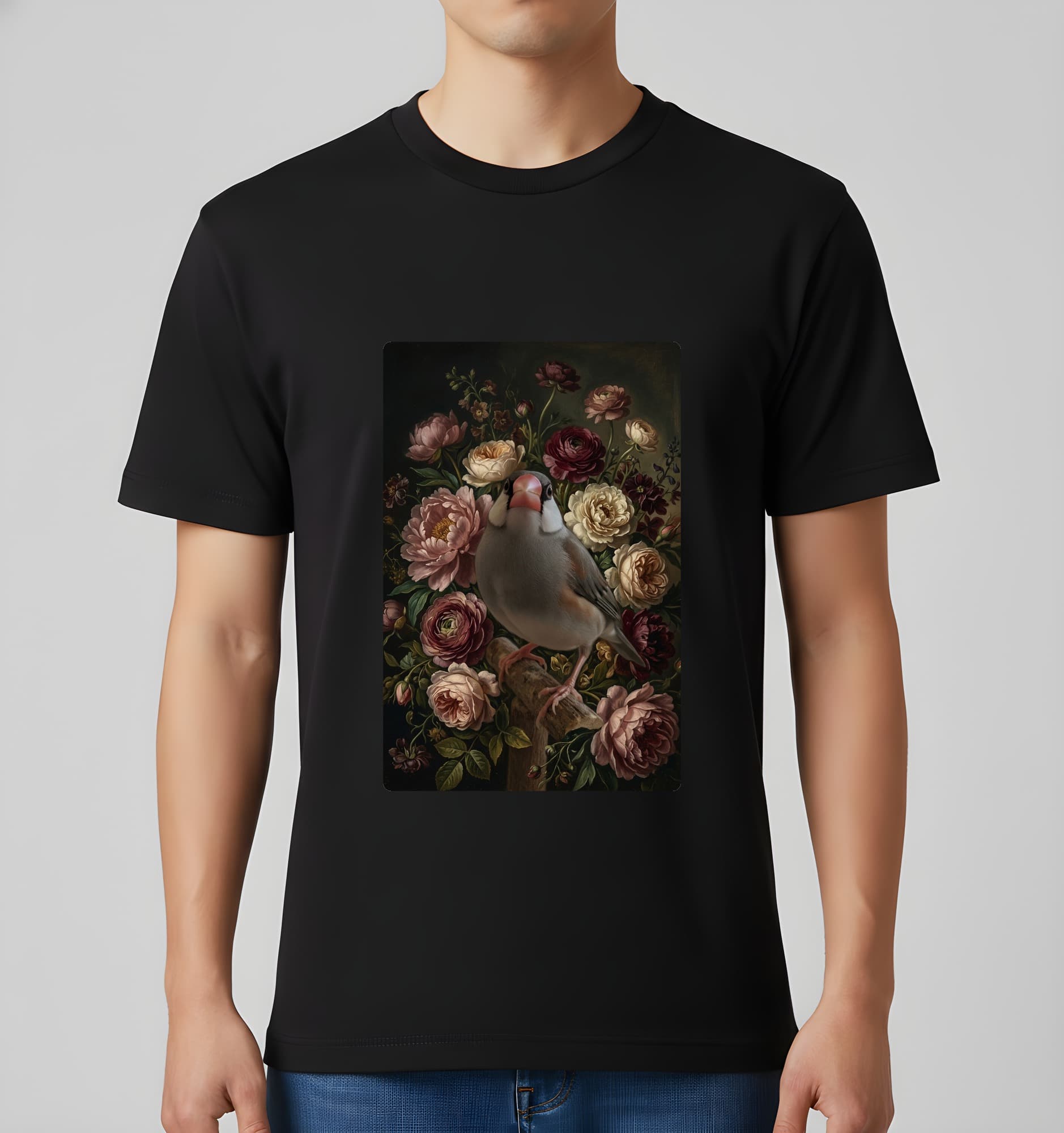 Java sparrow Floral Oil-Painting Floral T-Shirt (Black) 3
